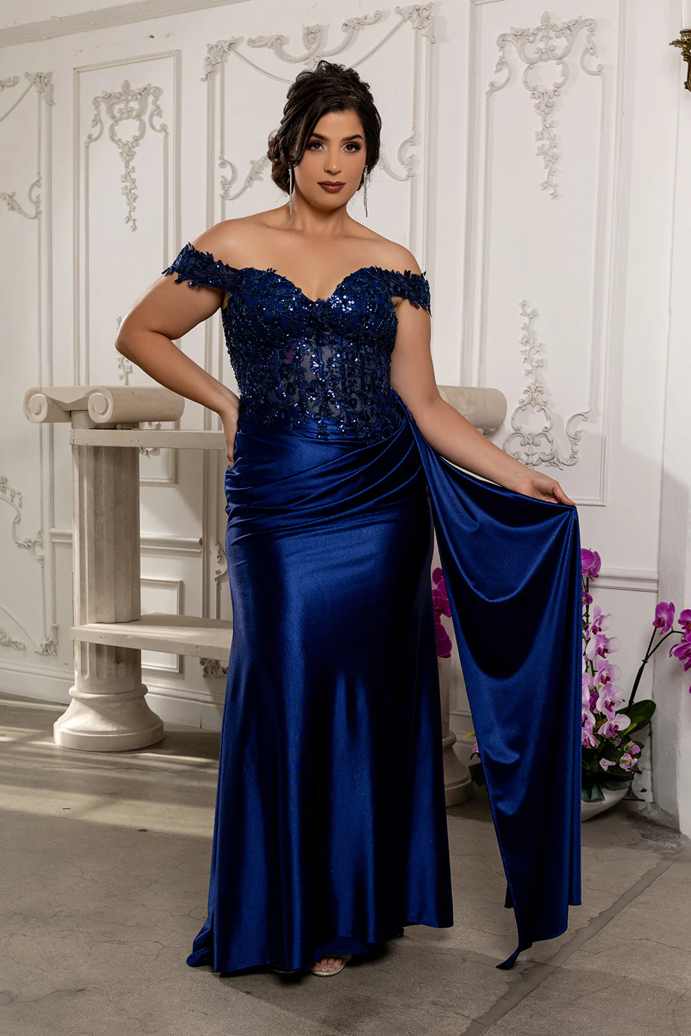 Off Shoulder Sequin Lace Satin Gown Fitted Corset Bodice Draped Skirt & Train by May Queen MQ2177 - Image 17