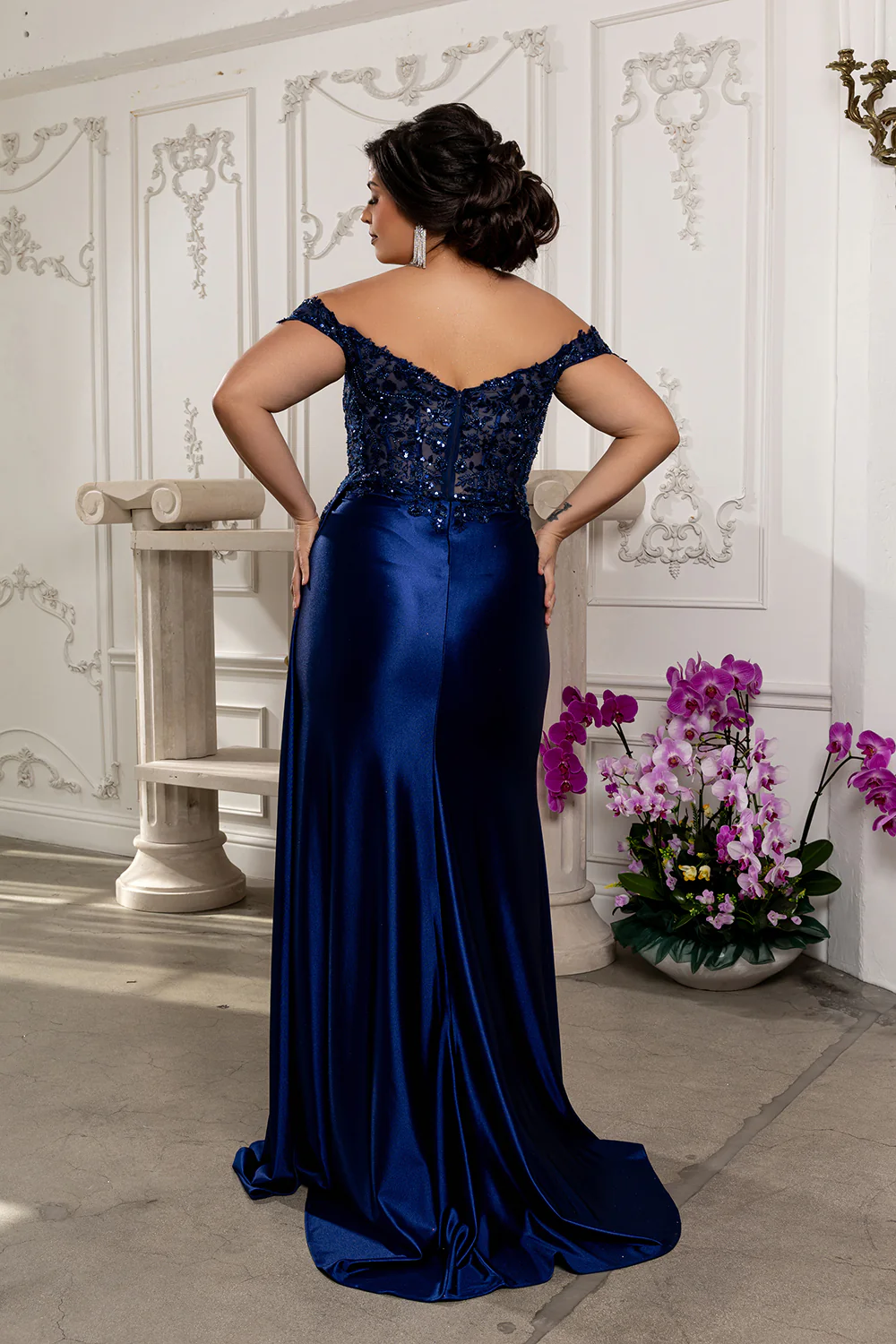 Off Shoulder Sequin Lace Satin Gown Fitted Corset Bodice Draped Skirt & Train by May Queen MQ2177 - Image 18