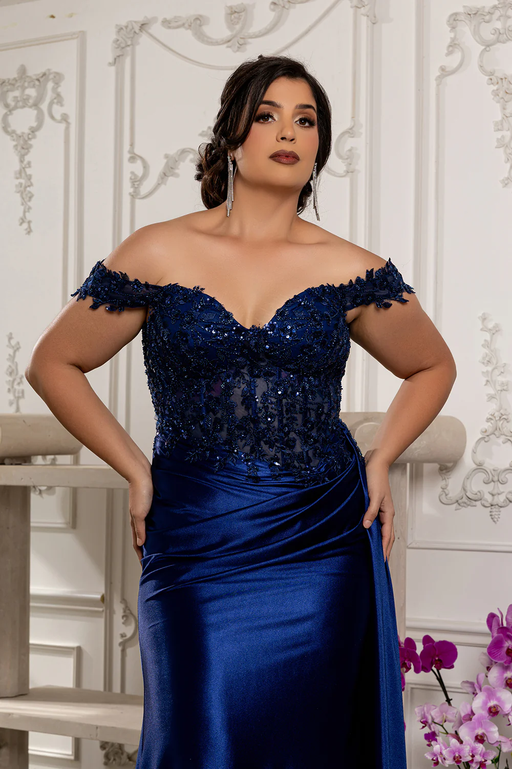 Off Shoulder Sequin Lace Satin Gown Fitted Corset Bodice Draped Skirt & Train by May Queen MQ2177 - Image 20