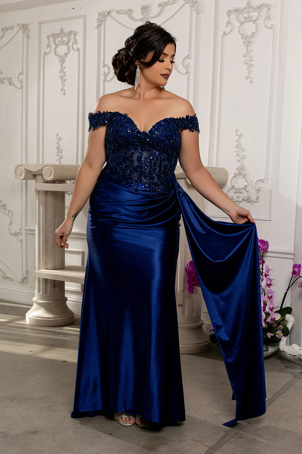 Off Shoulder Sequin Lace Satin Gown Fitted Corset Bodice Draped Skirt & Train by May Queen MQ2177 - Image 21