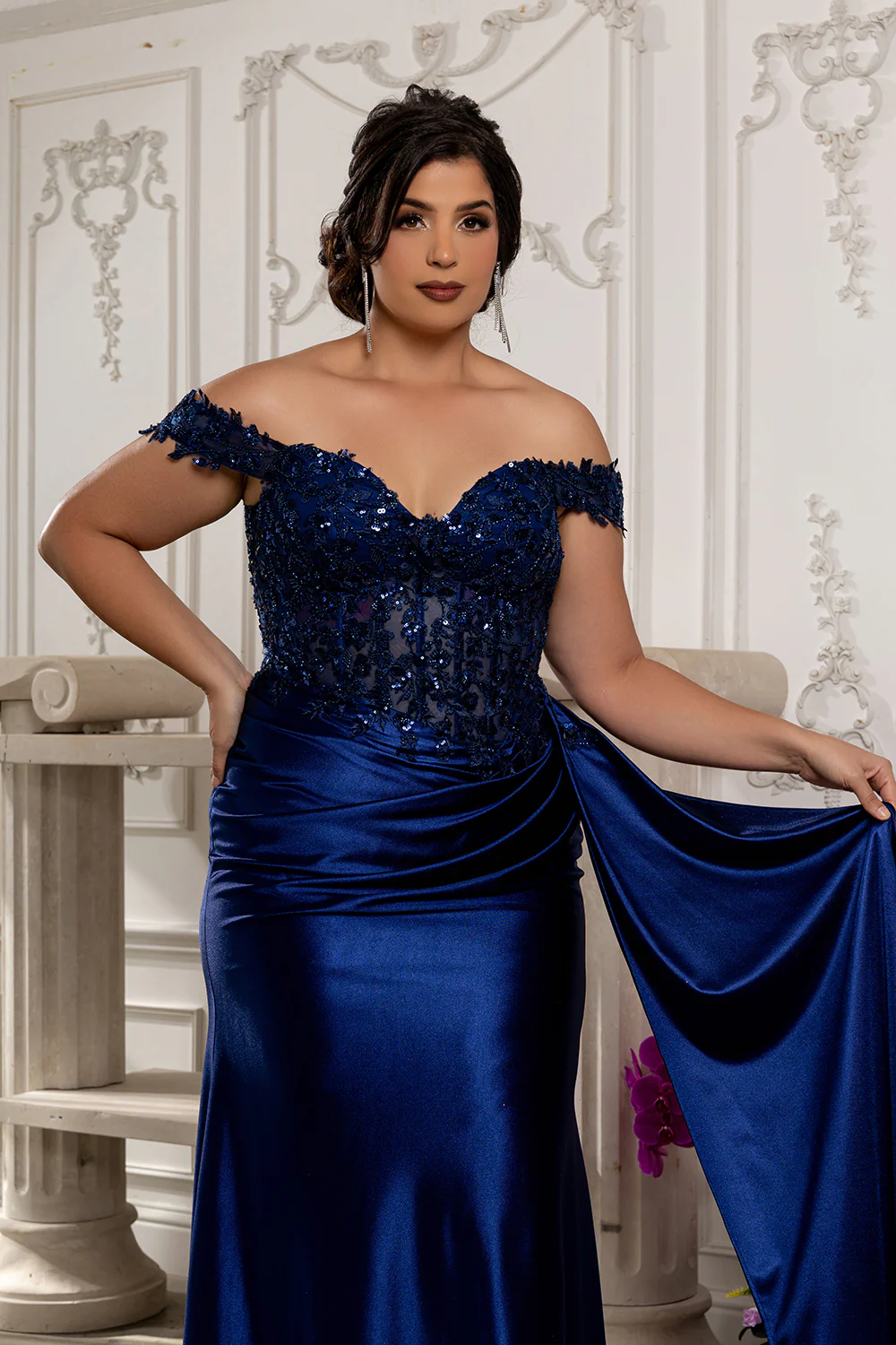 Off Shoulder Sequin Lace Satin Gown Fitted Corset Bodice Draped Skirt & Train by May Queen MQ2177 - Image 22