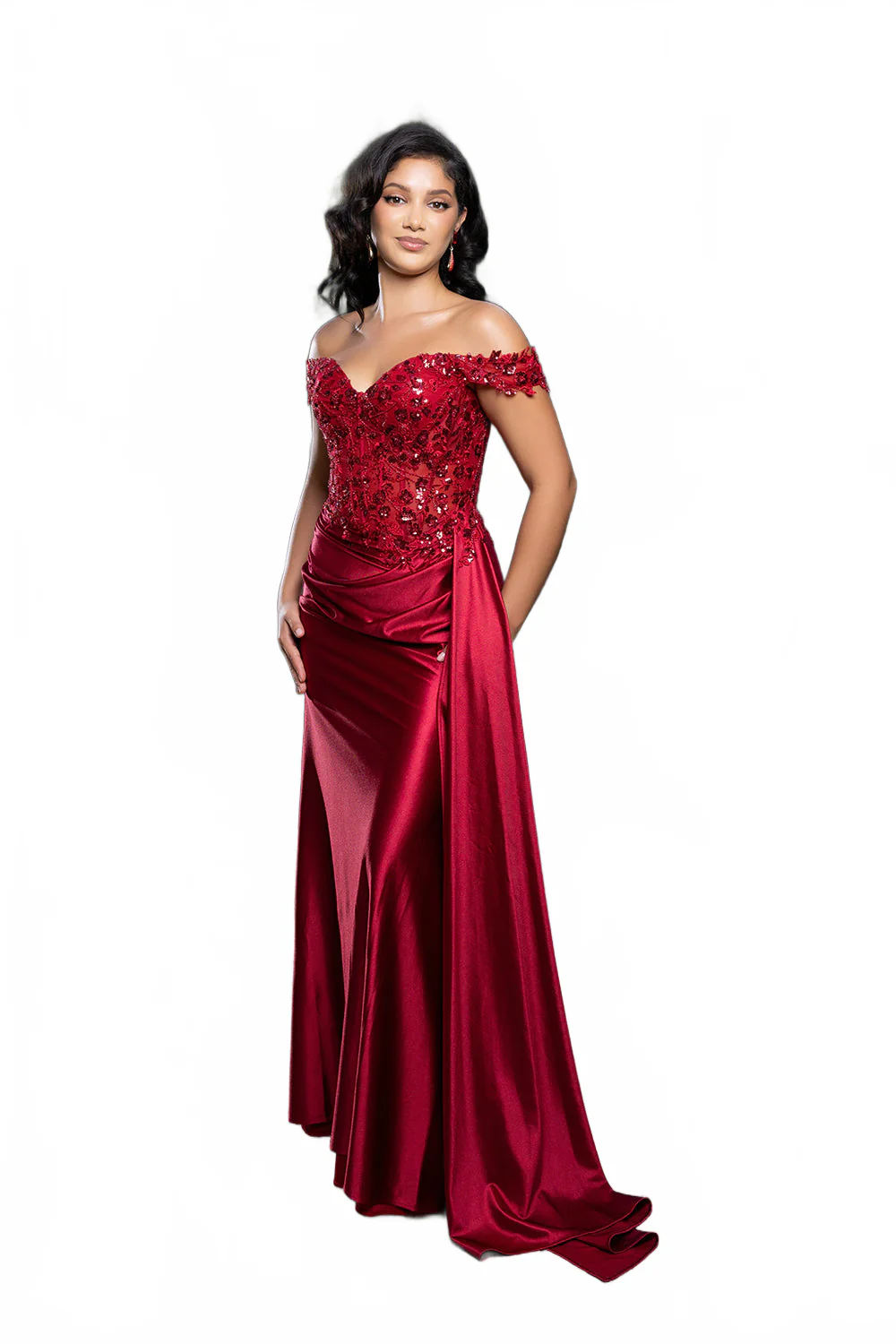 Off Shoulder Sequin Lace Satin Gown Fitted Corset Bodice Draped Skirt & Train by May Queen MQ2177 - Image 23