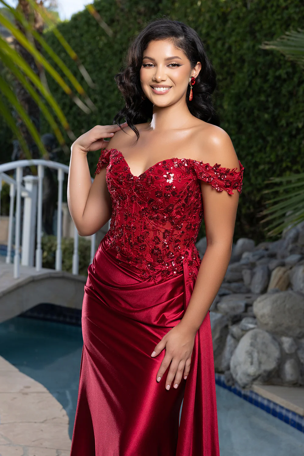 Off Shoulder Sequin Lace Satin Gown Fitted Corset Bodice Draped Skirt & Train by May Queen MQ2177 - Image 3