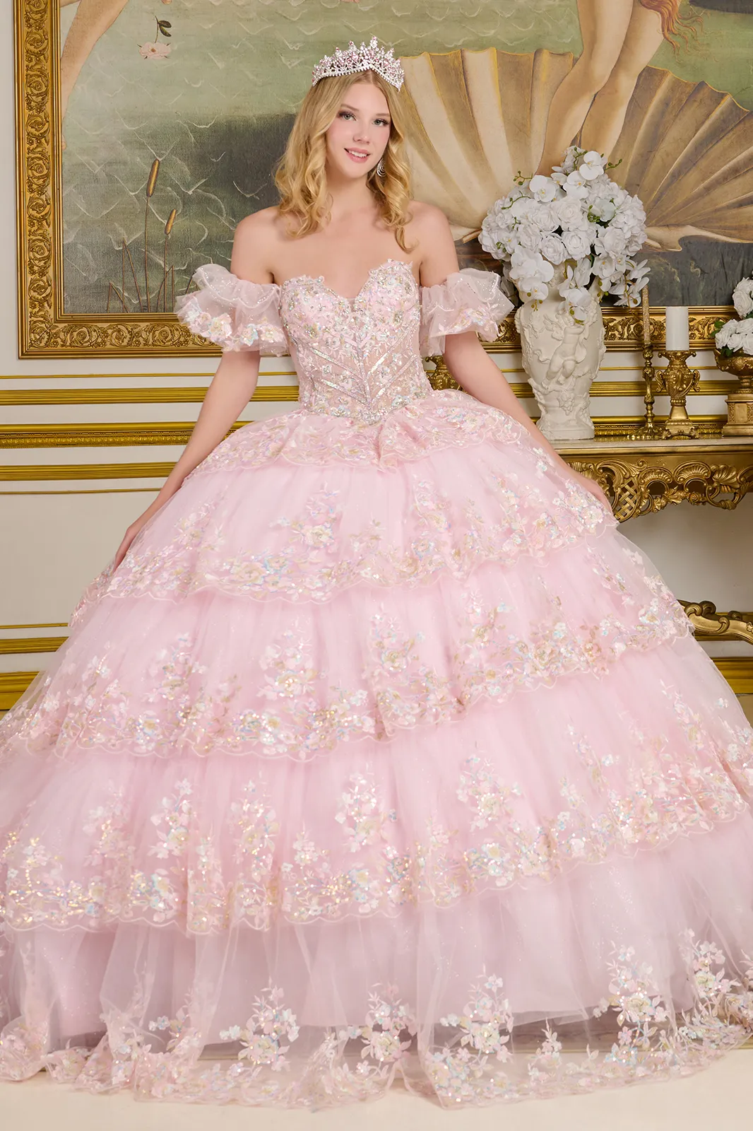 Off Shoulder Tiered Ball Gown by Elizabeth K GL3650