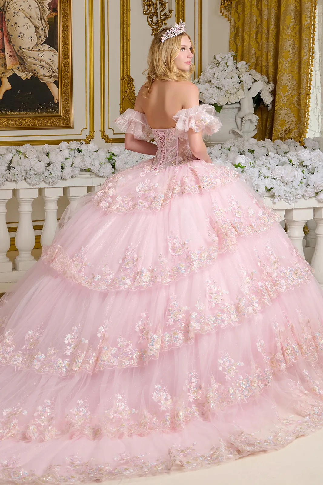 Off Shoulder Tiered Ball Gown by Elizabeth K GL3650 - Image 2