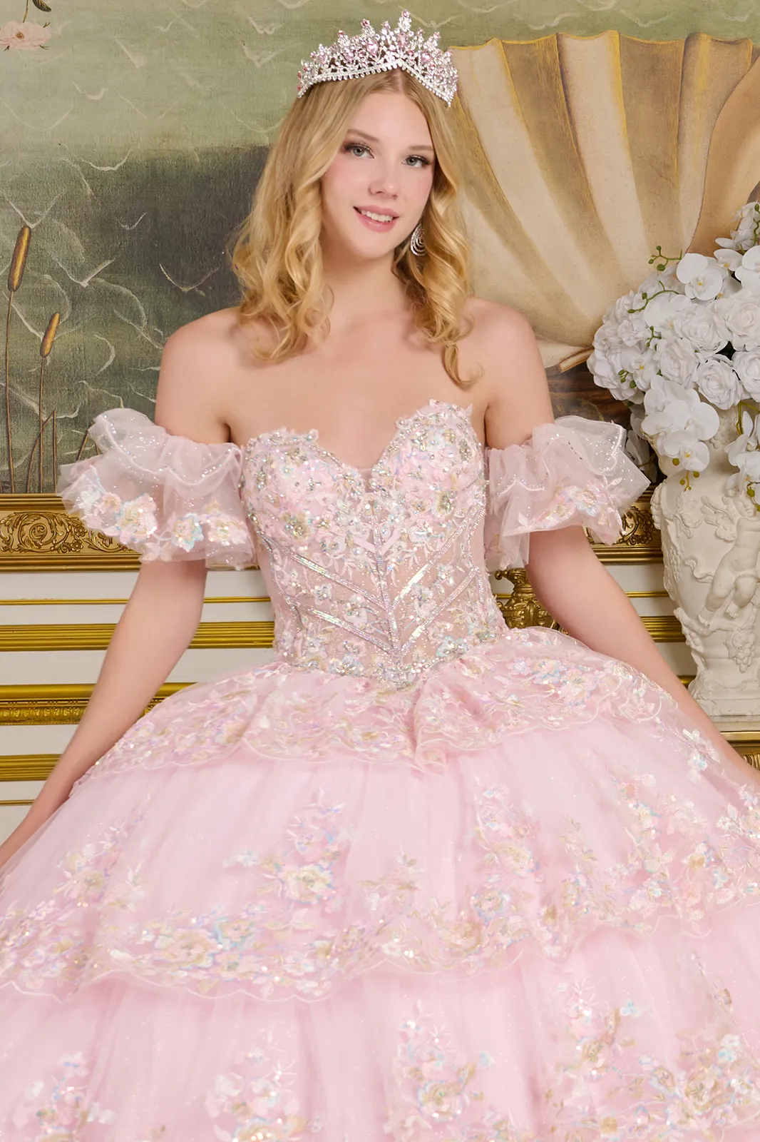 Off Shoulder Tiered Ball Gown by Elizabeth K GL3650 - Image 3