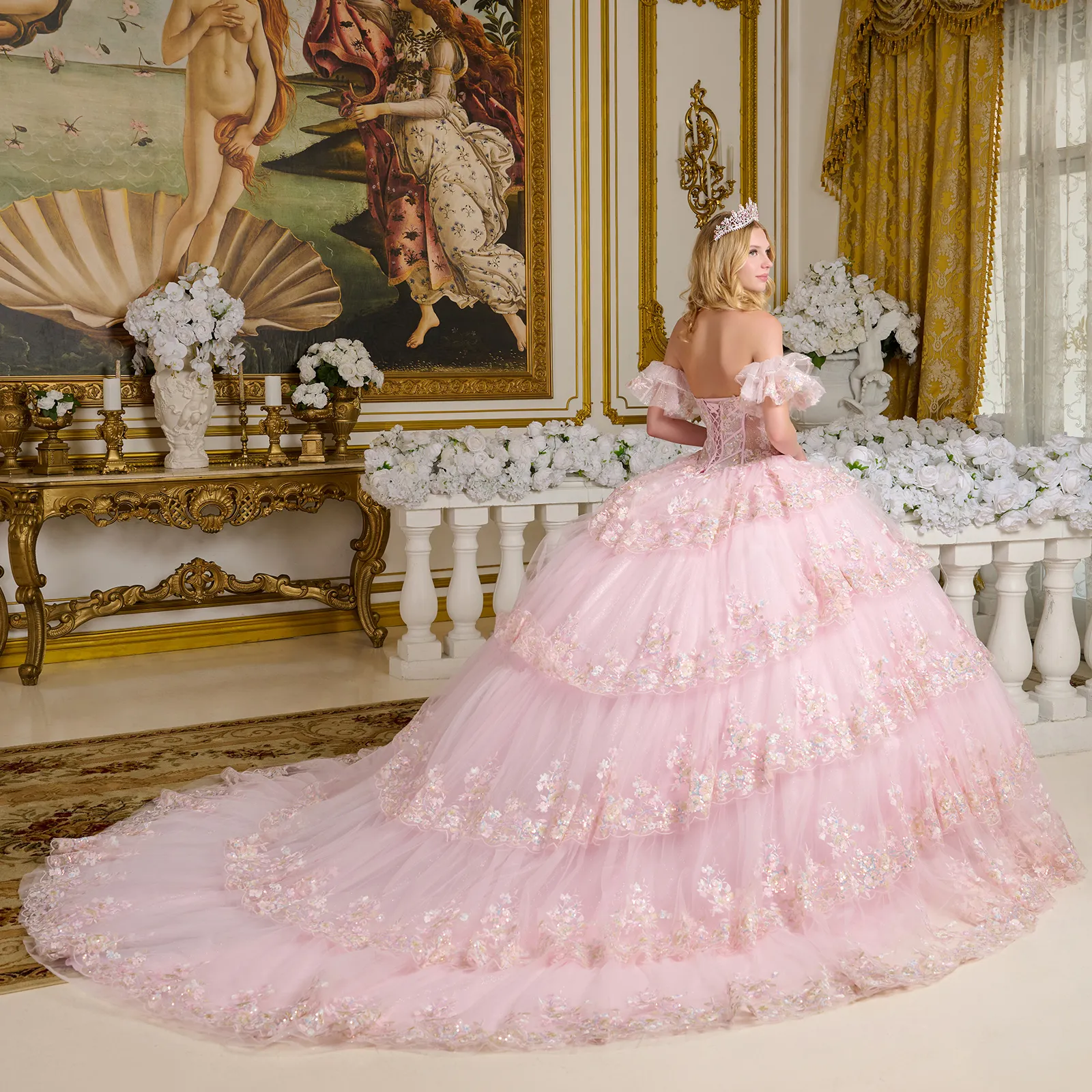 Off Shoulder Tiered Ball Gown by Elizabeth K GL3650 - Image 4