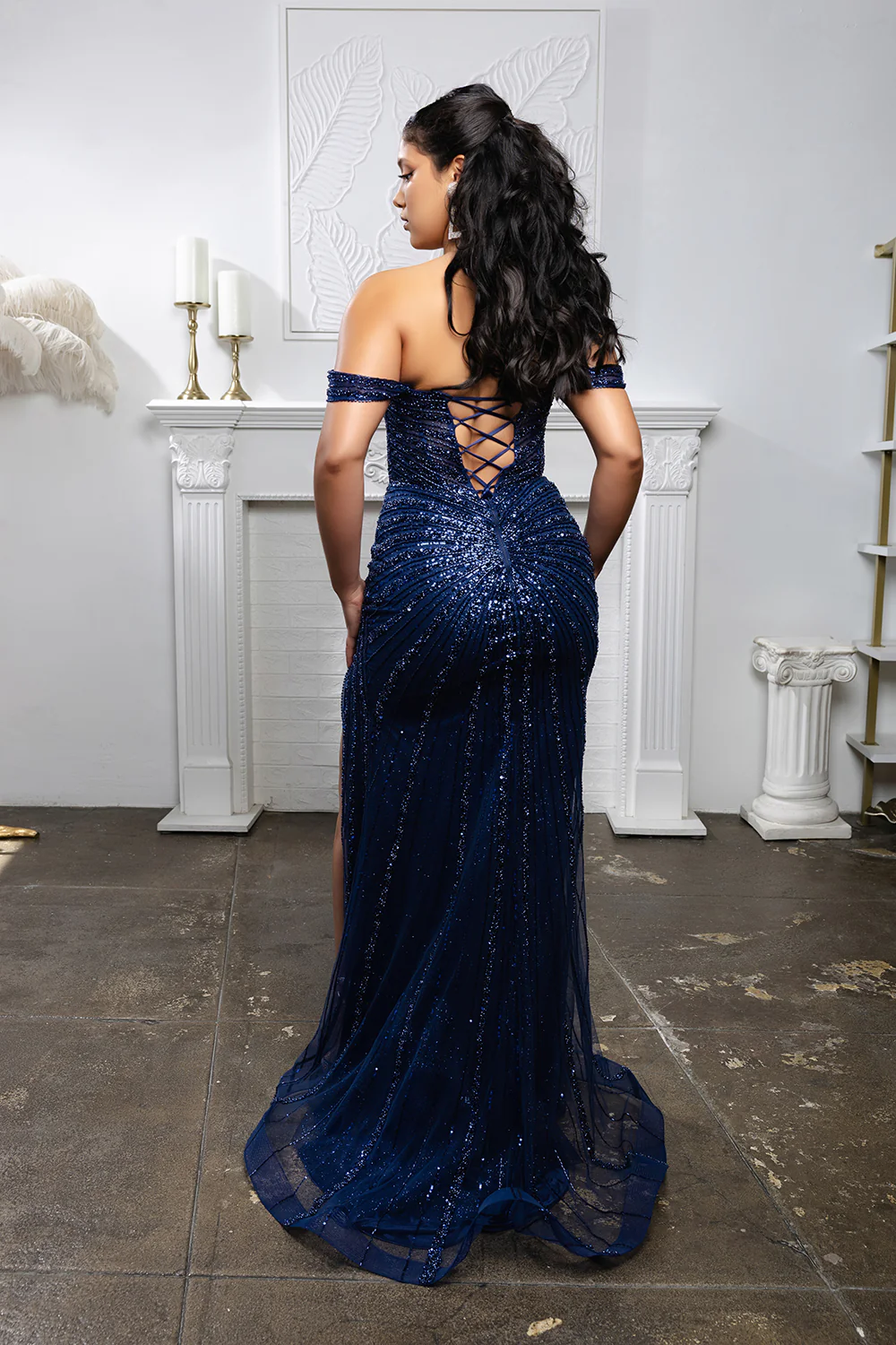 Off The Shoulder Sequin Mermaid Formal Gown with Lace Up Back by Royal Queen RQ8214 - Image 8