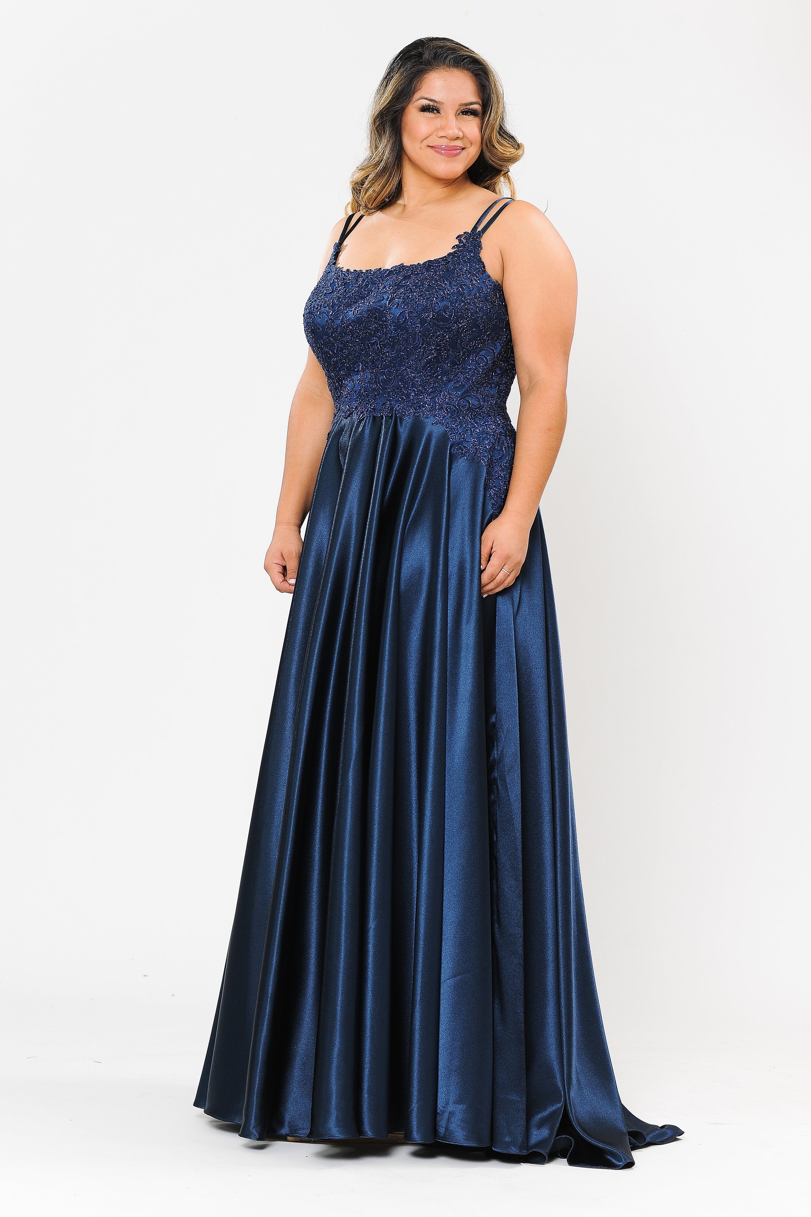 Poly USA W1094 Plus Size Embroidered Long Satin A-line Dress - Image 4