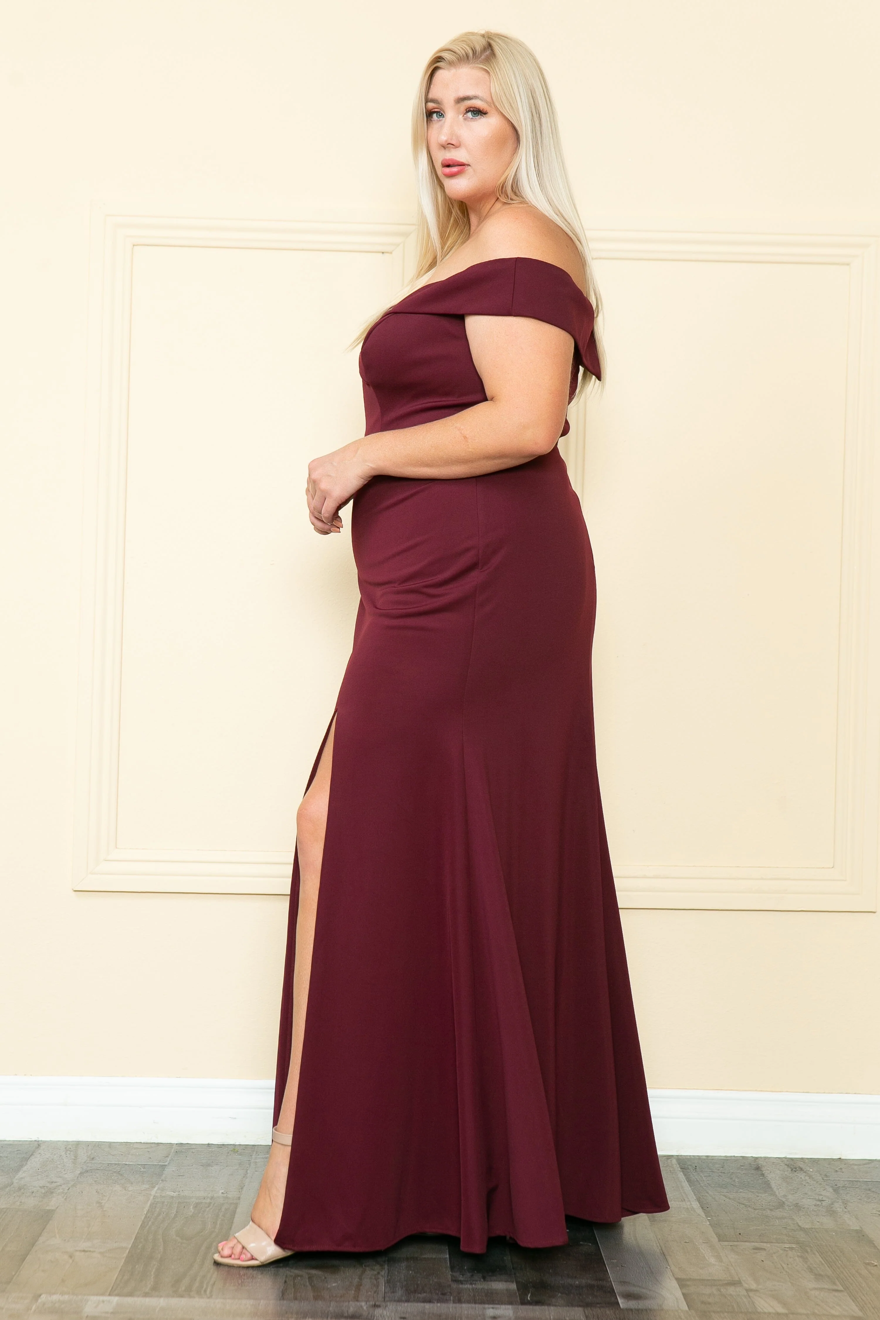 Poly USA W1118 Plus Size Fitted Off Shoulder Slit Gown - Image 6