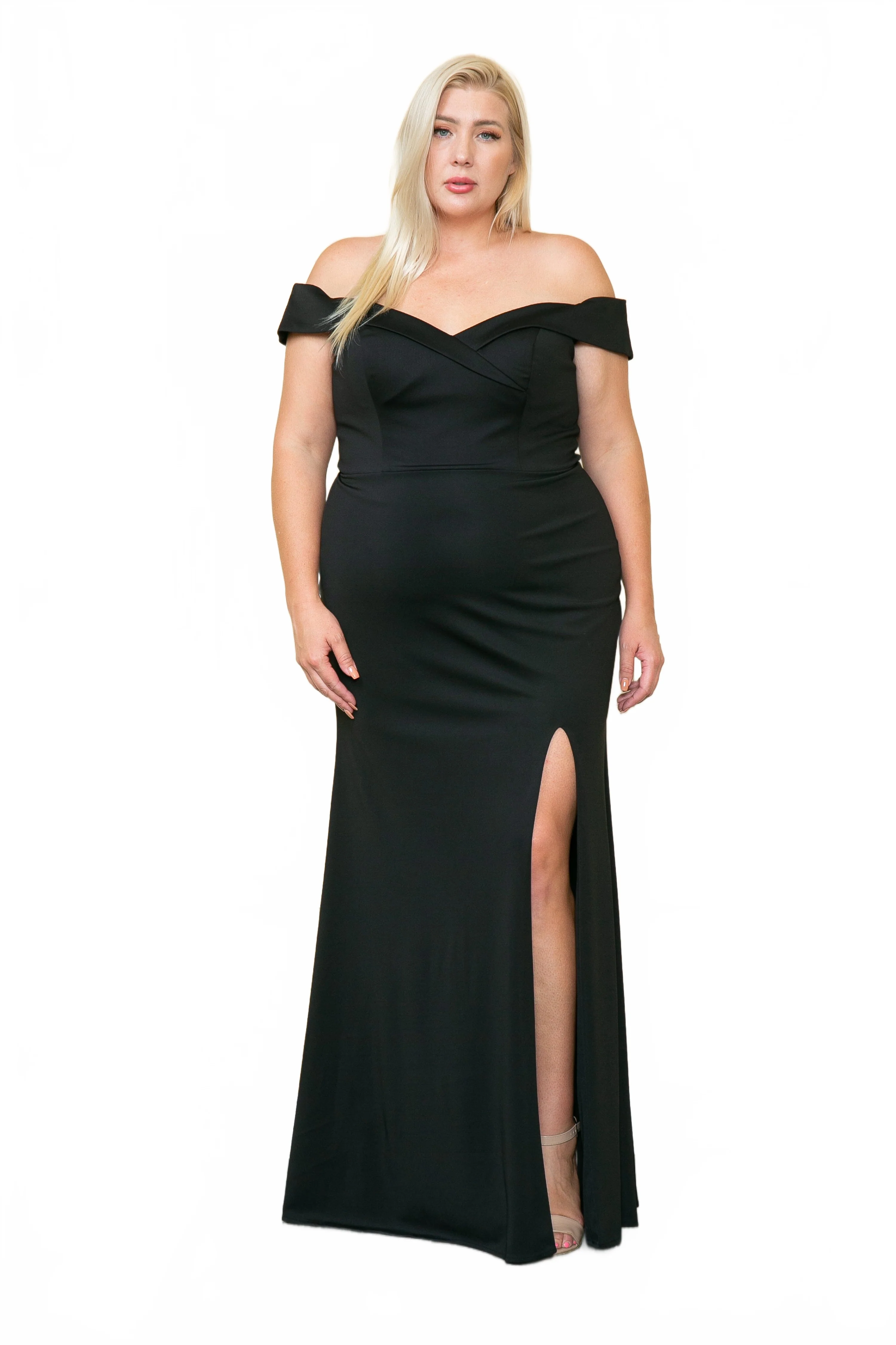 Poly USA W1118 Plus Size Fitted Off Shoulder Slit Gown - Image 9
