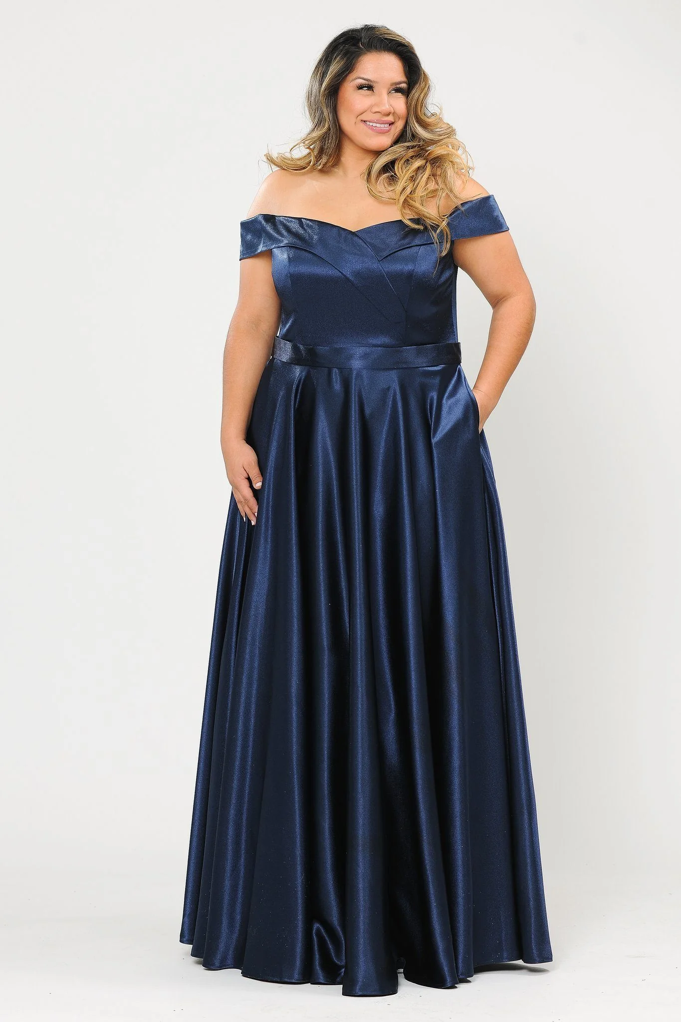 Poly USA W1058 Plus Size Long Off Shoulder Satin Dress - Image 5