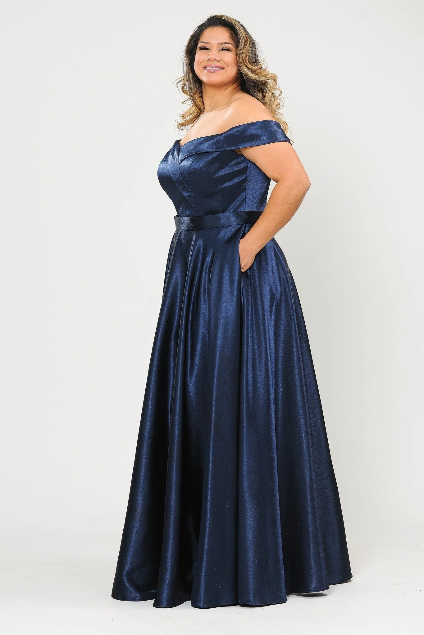 Poly USA W1058 Plus Size Long Off Shoulder Satin Dress - Image 7