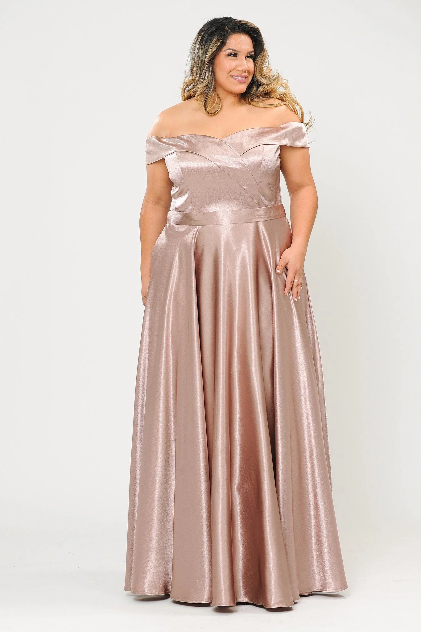 Poly USA W1058 Plus Size Long Off Shoulder Satin Dress - Image 8