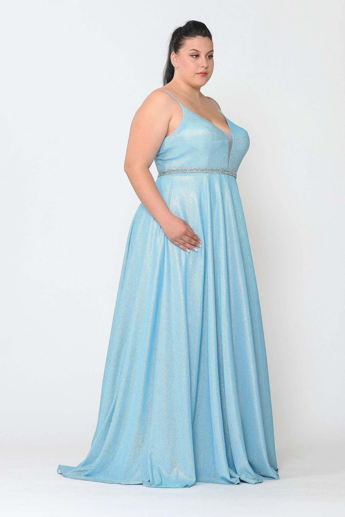 Poly USA W1048 Plus Size Long V-Neck Metallic Glitter Dress - Image 13
