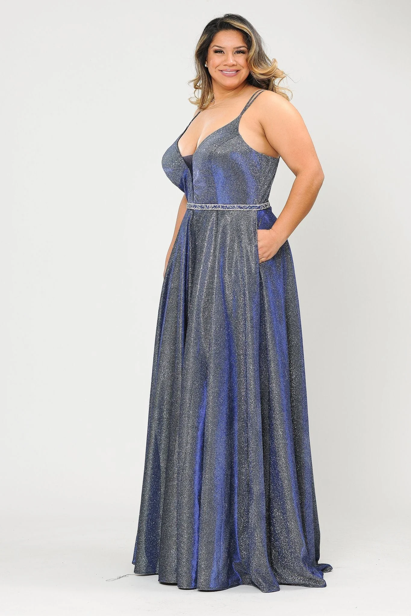 Poly USA W1048 Plus Size Long V-Neck Metallic Glitter Dress - Image 3