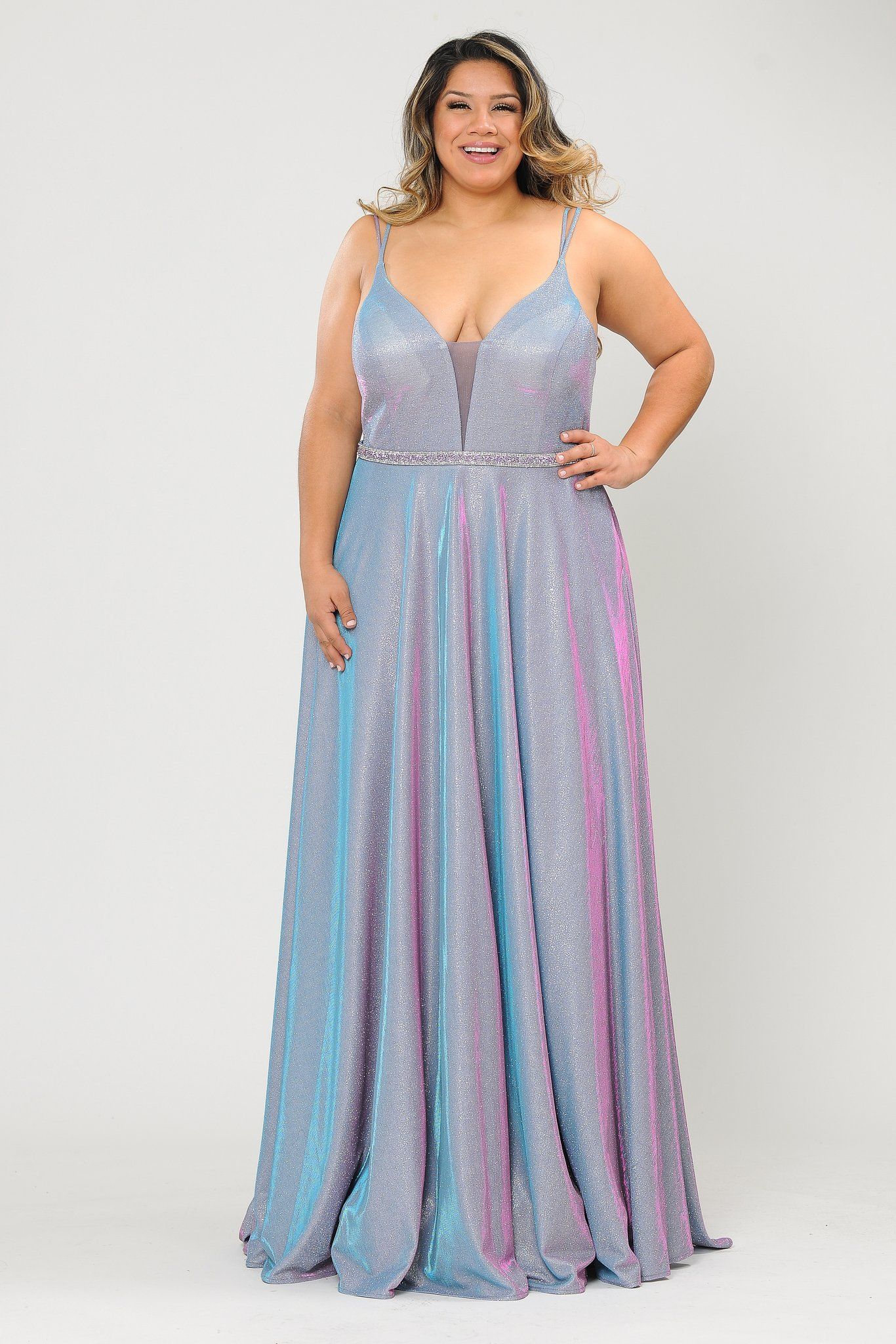 Poly USA W1048 Plus Size Long V-Neck Metallic Glitter Dress - Image 4