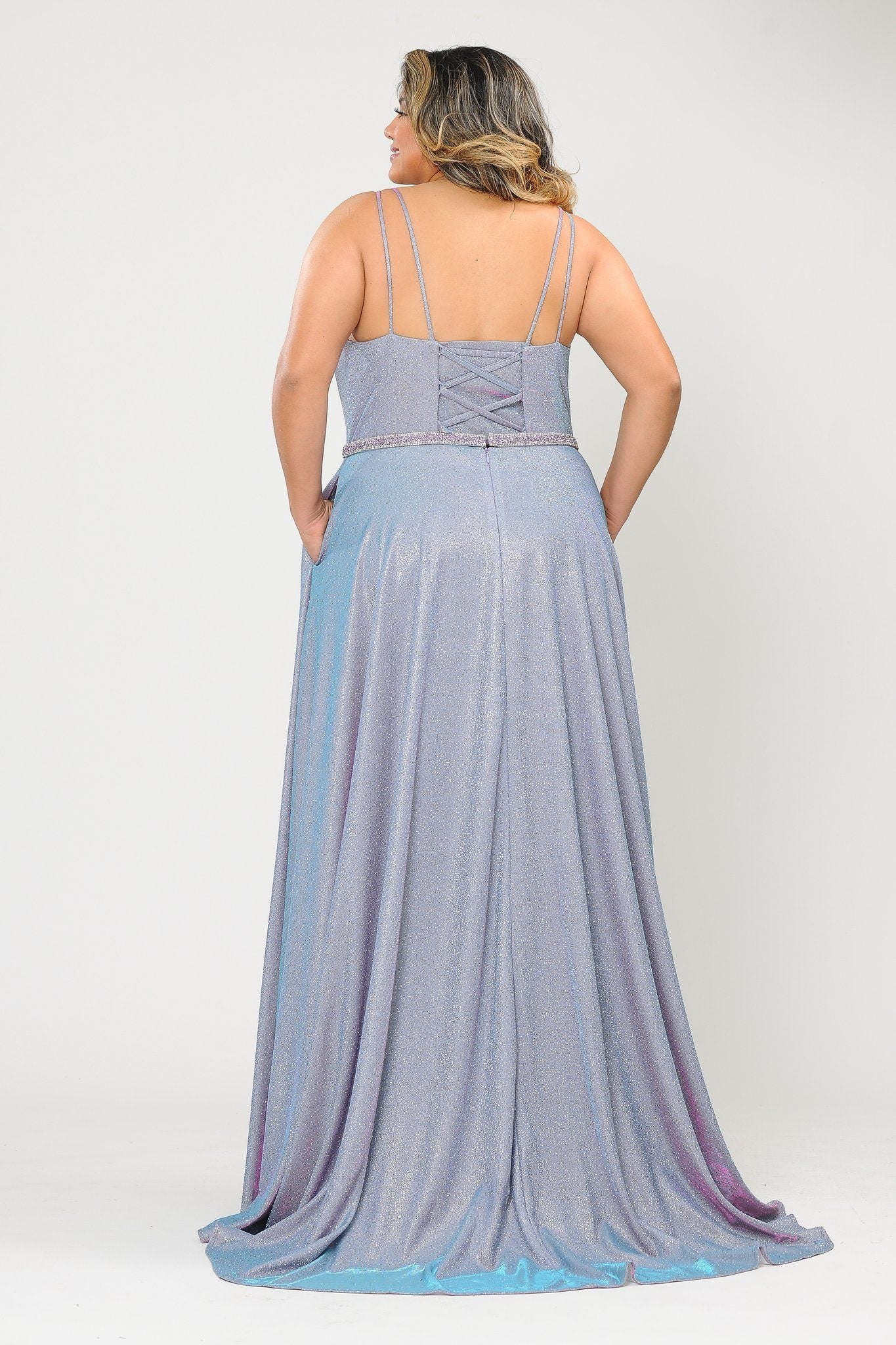 Poly USA W1048 Plus Size Long V-Neck Metallic Glitter Dress - Image 5