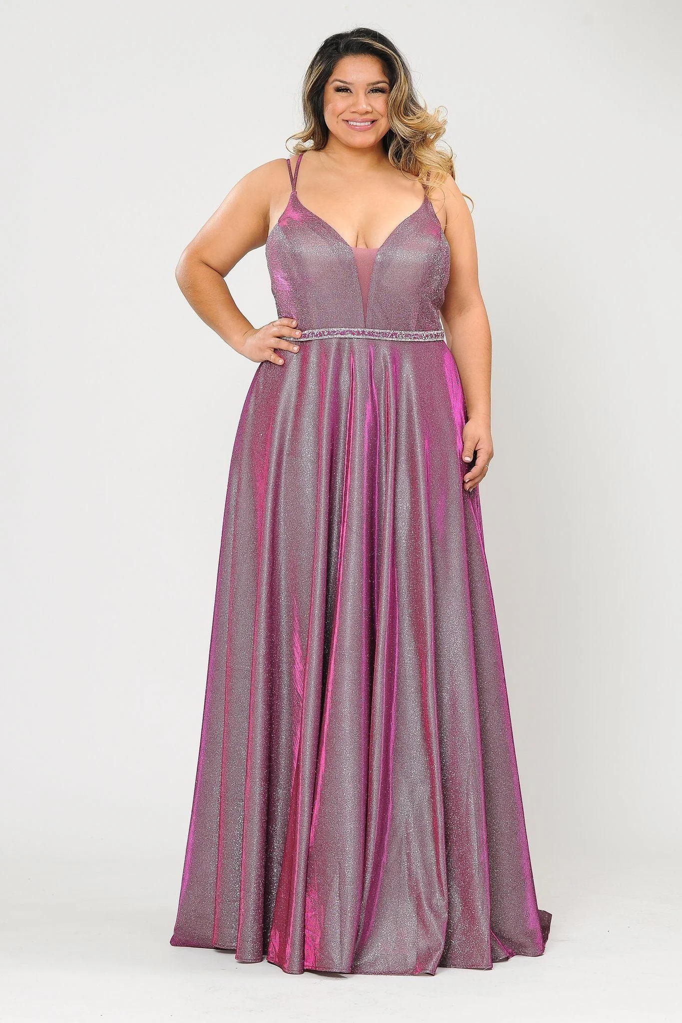 Poly USA W1048 Plus Size Long V-Neck Metallic Glitter Dress - Image 7