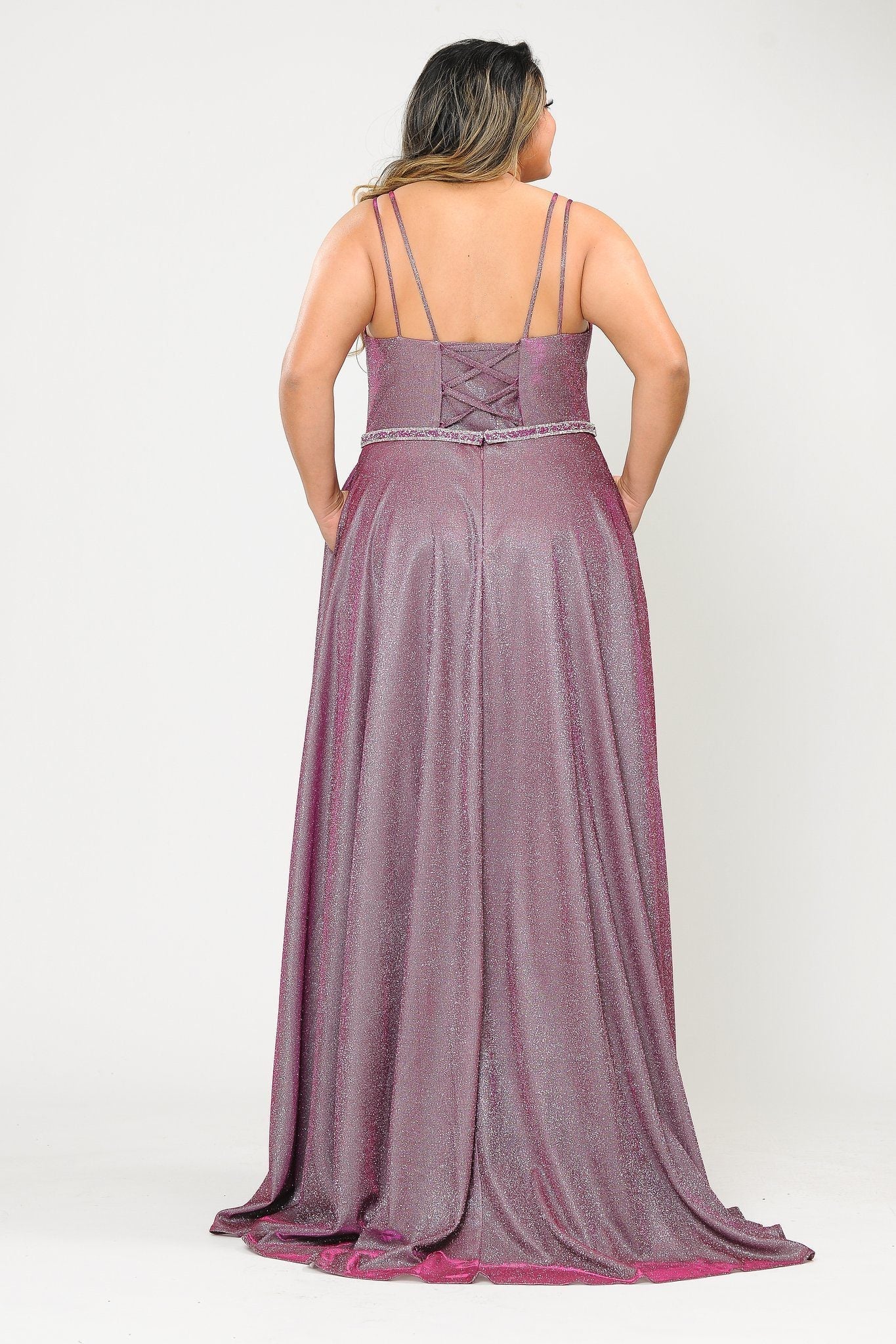 Poly USA W1048 Plus Size Long V-Neck Metallic Glitter Dress - Image 8