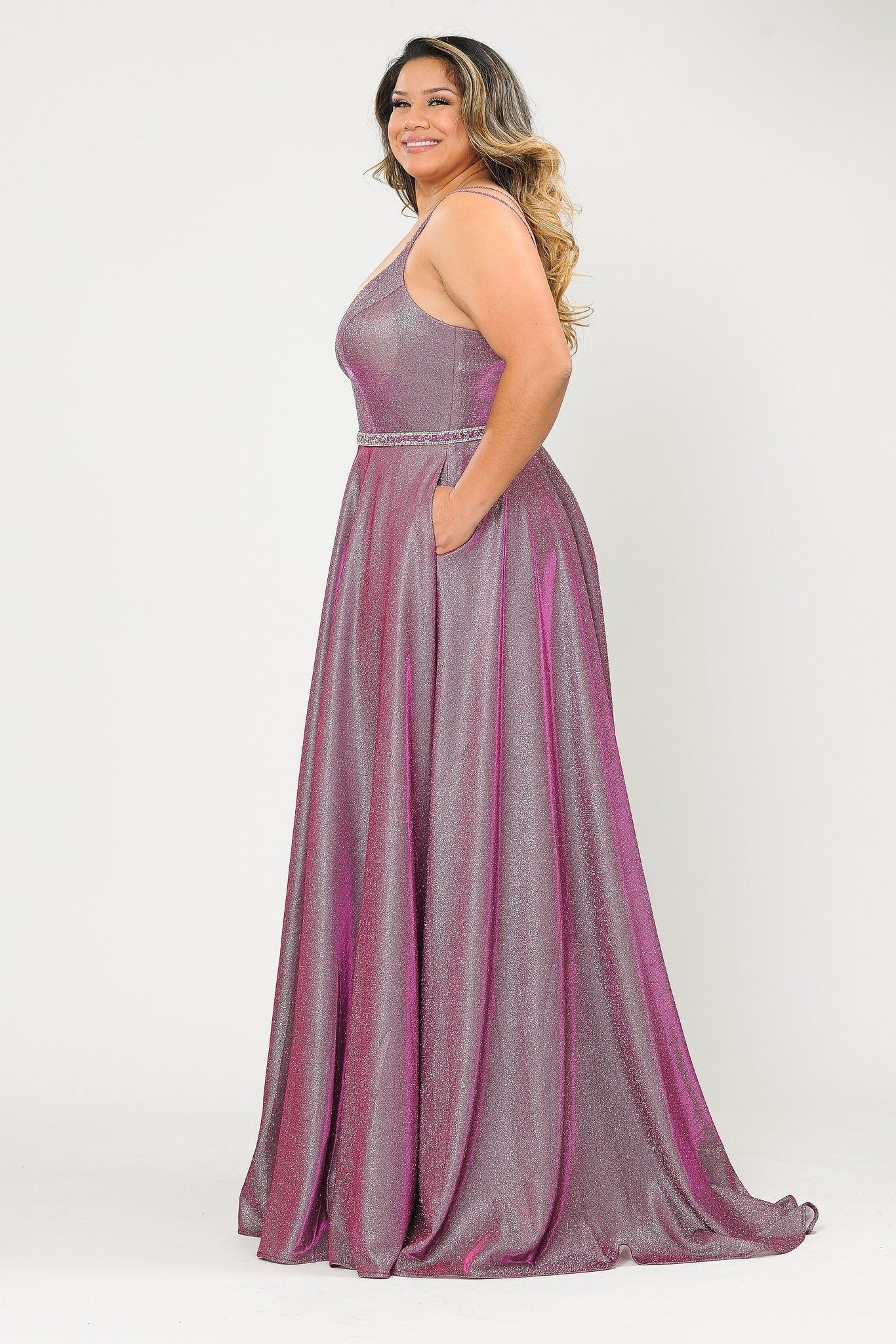 Poly USA W1048 Plus Size Long V-Neck Metallic Glitter Dress - Image 9