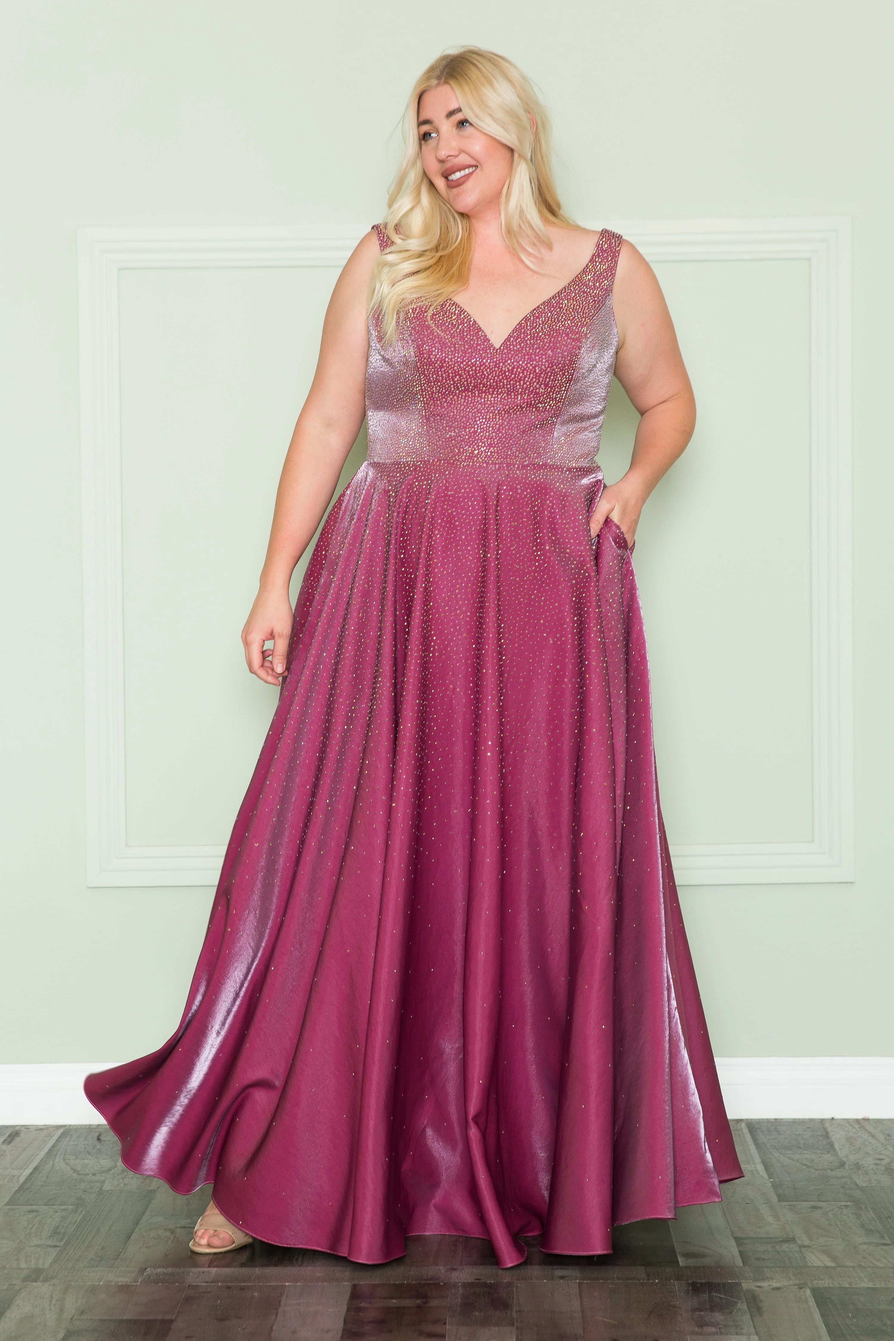Poly USA W1110 Plus Size Long V-Neck Rhinestone Dress - Image 3
