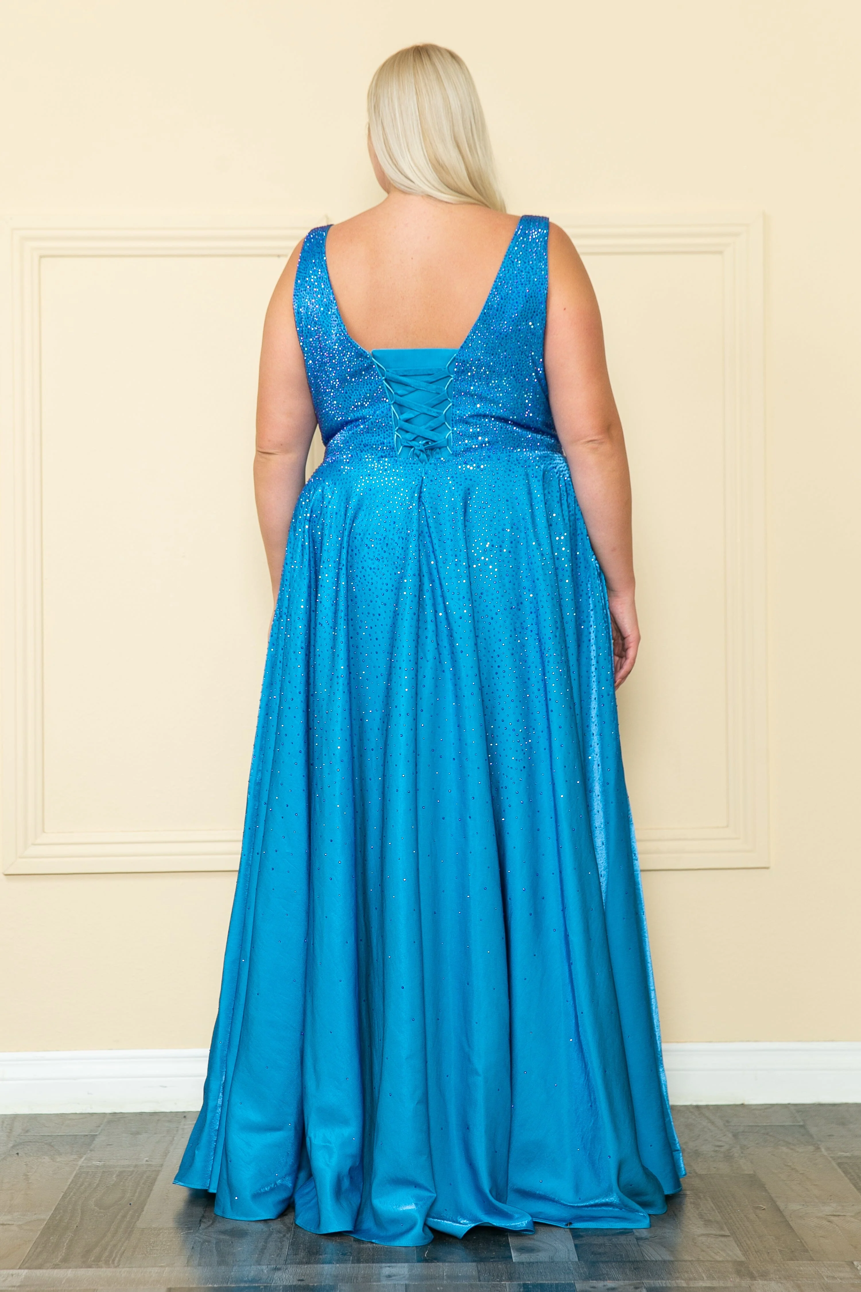 Poly USA W1110 Plus Size Long V-Neck Rhinestone Dress - Image 6