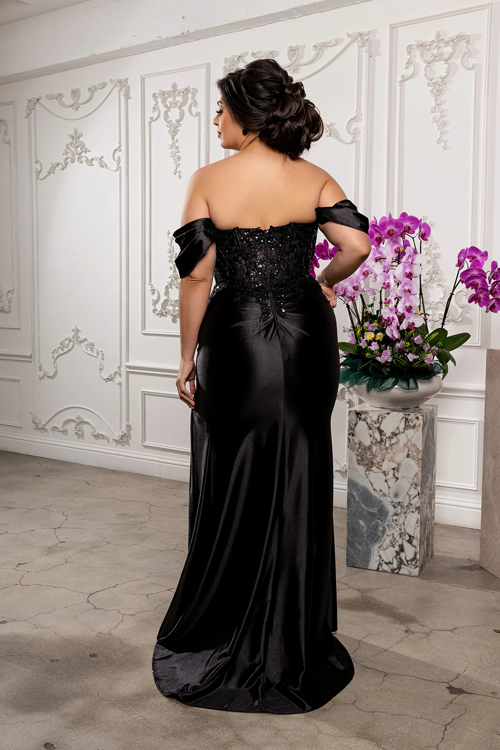 Plus Size Mermaid Evening Gown with Beaded Corset Bodice & High Slit by May Queen MQ2181B - Image 23