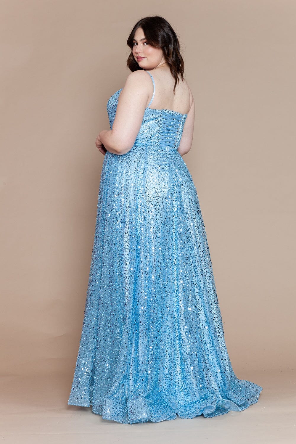 Poly USA W1142 Plus Size Sequin Sleeveless A-line Slit Gown - Image 2