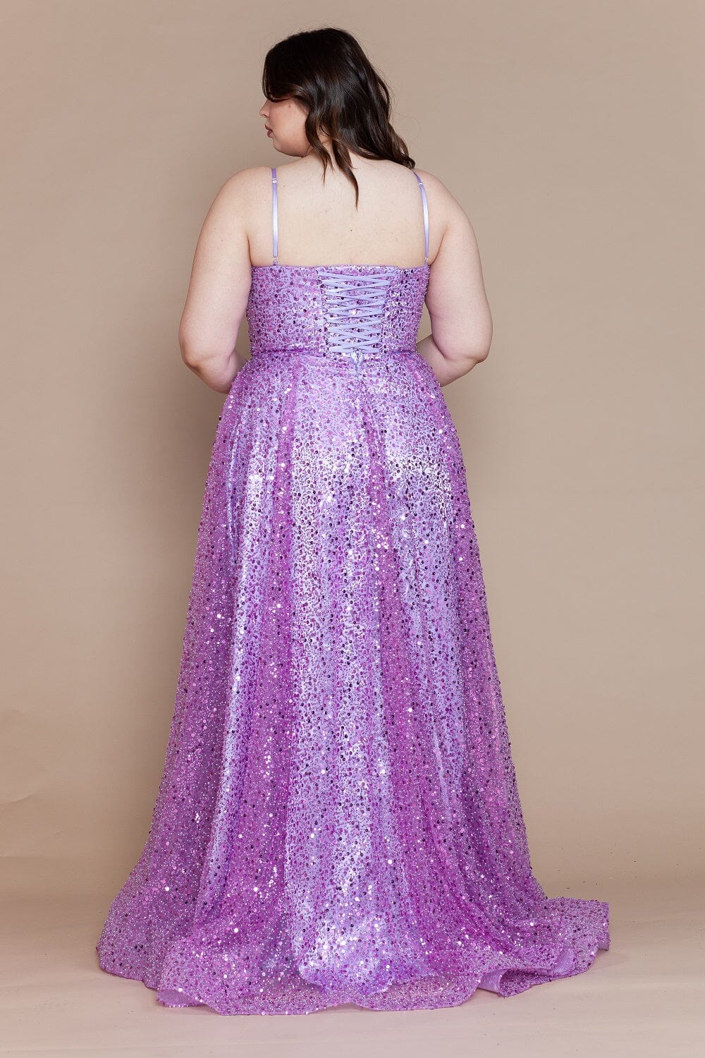 Poly USA W1142 Plus Size Sequin Sleeveless A-line Slit Gown - Image 3