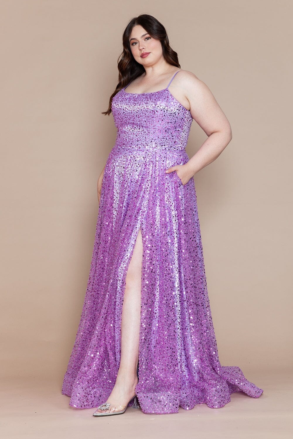Poly USA W1142 Plus Size Sequin Sleeveless A-line Slit Gown - Image 4