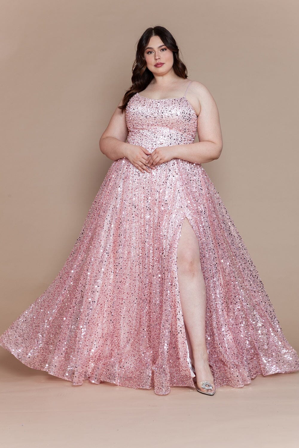 Poly USA W1142 Plus Size Sequin Sleeveless A-line Slit Gown - Image 5