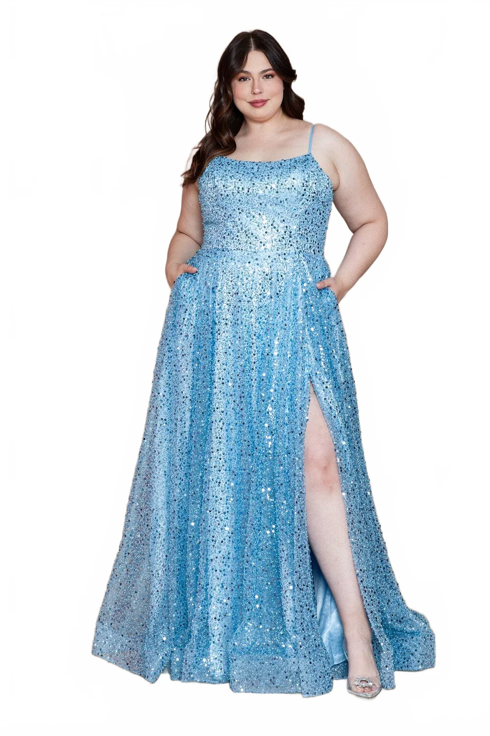 Poly USA W1142 Plus Size Sequin Sleeveless A-line Slit Gown - Image 6