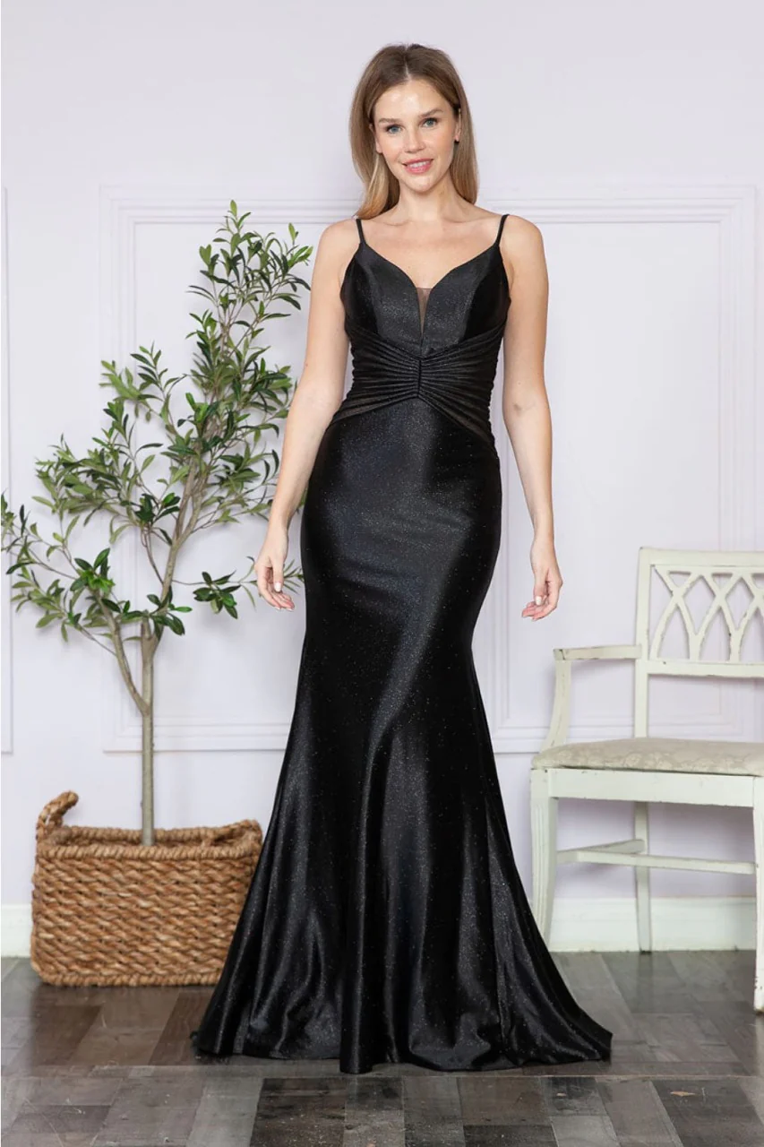 Poly USA 9260 Spaghetti Strap V-Neck Glitter Sheer Mermaid Prom Gown - Image 3