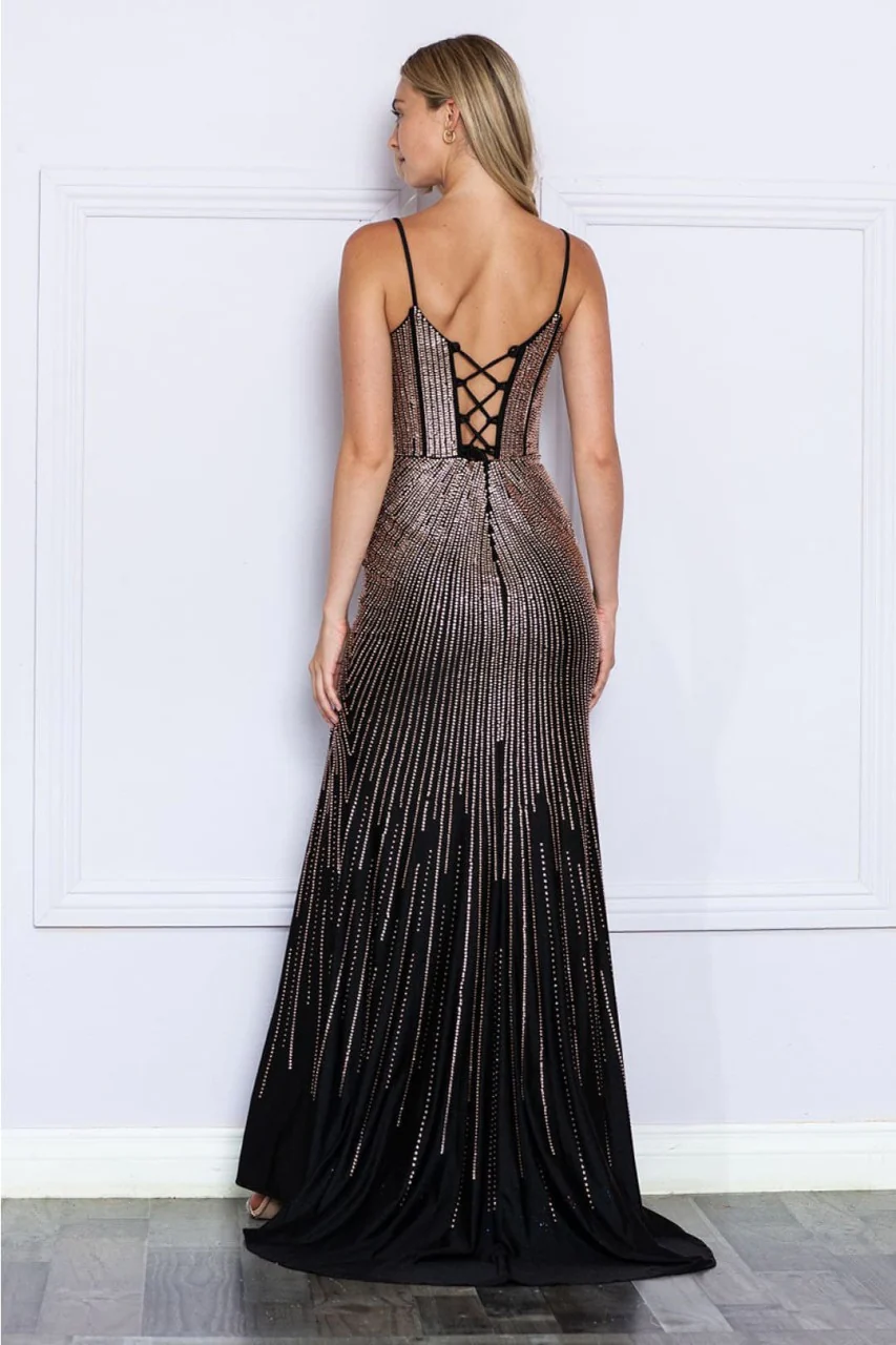 Poly USA 9266 Spaghetti Strap Corset Rhinestone Rain Bodice Prom Dress - Image 2