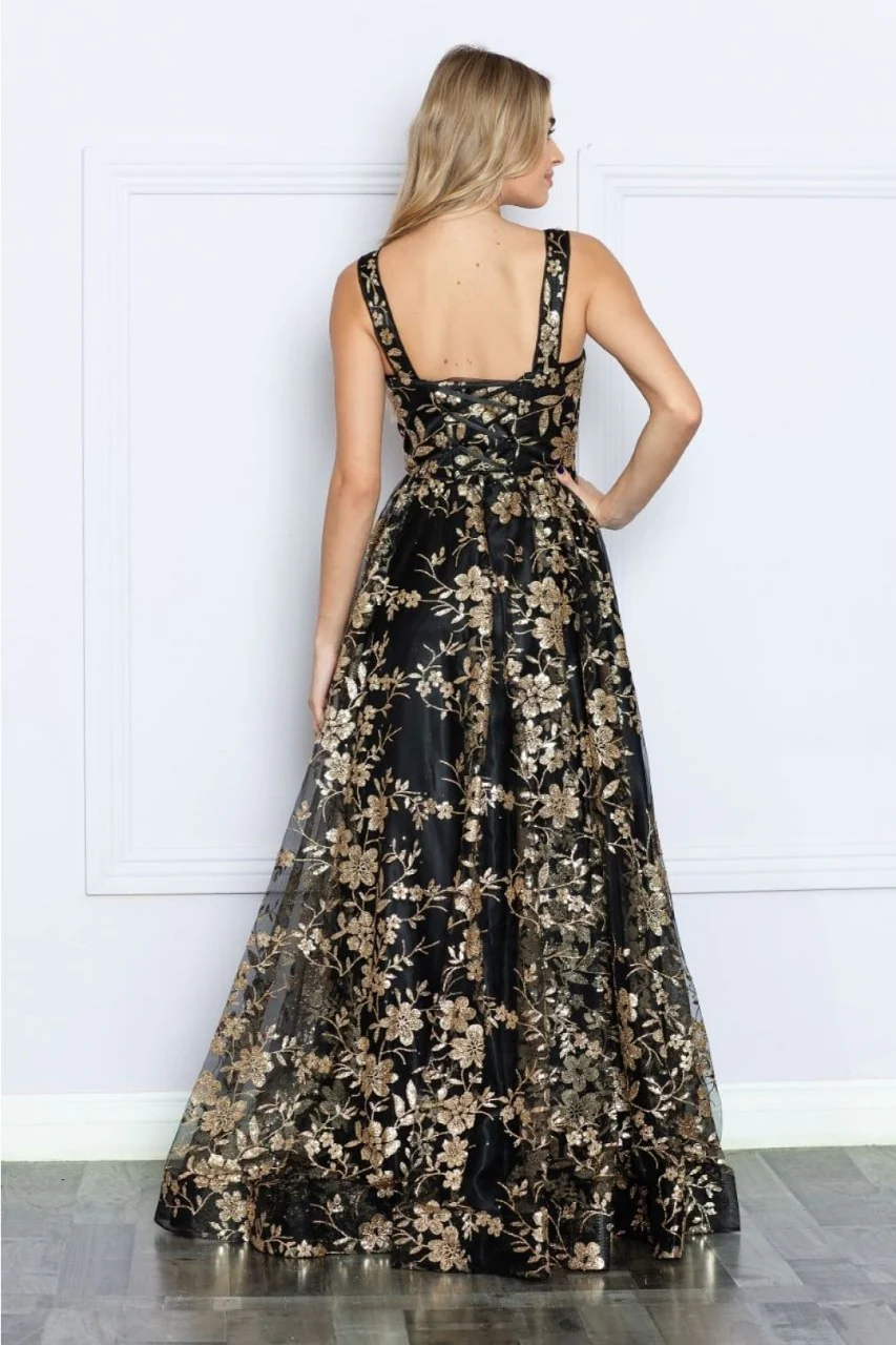 Poly USA 9298 Sleeveless Floral Glitter Print A-Line Evening Prom Gown - Image 3