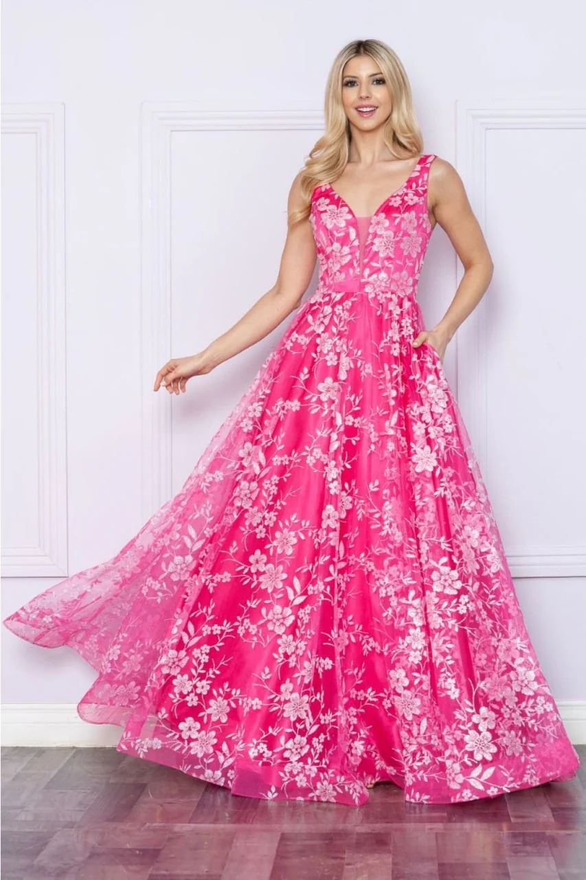 Poly USA 9298 Sleeveless Floral Glitter Print A-Line Evening Prom Gown - Image 4