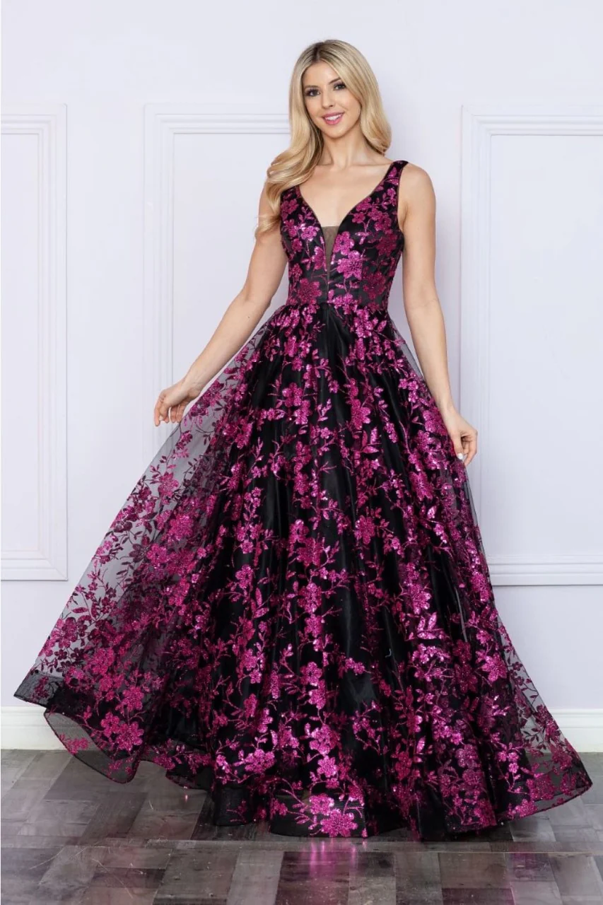 Poly USA 9298 Sleeveless Floral Glitter Print A-Line Evening Prom Gown - Image 5