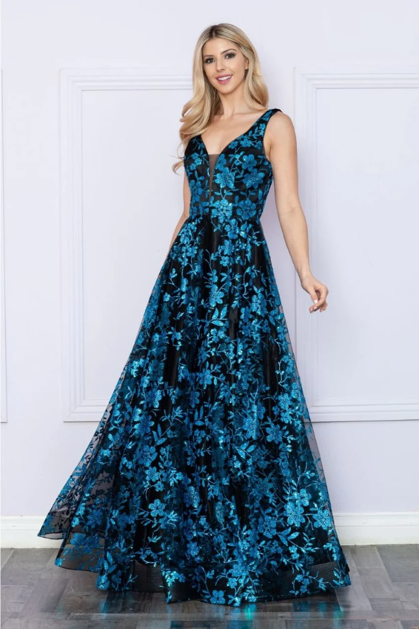Poly USA 9298 Sleeveless Floral Glitter Print A-Line Evening Prom Gown - Image 6