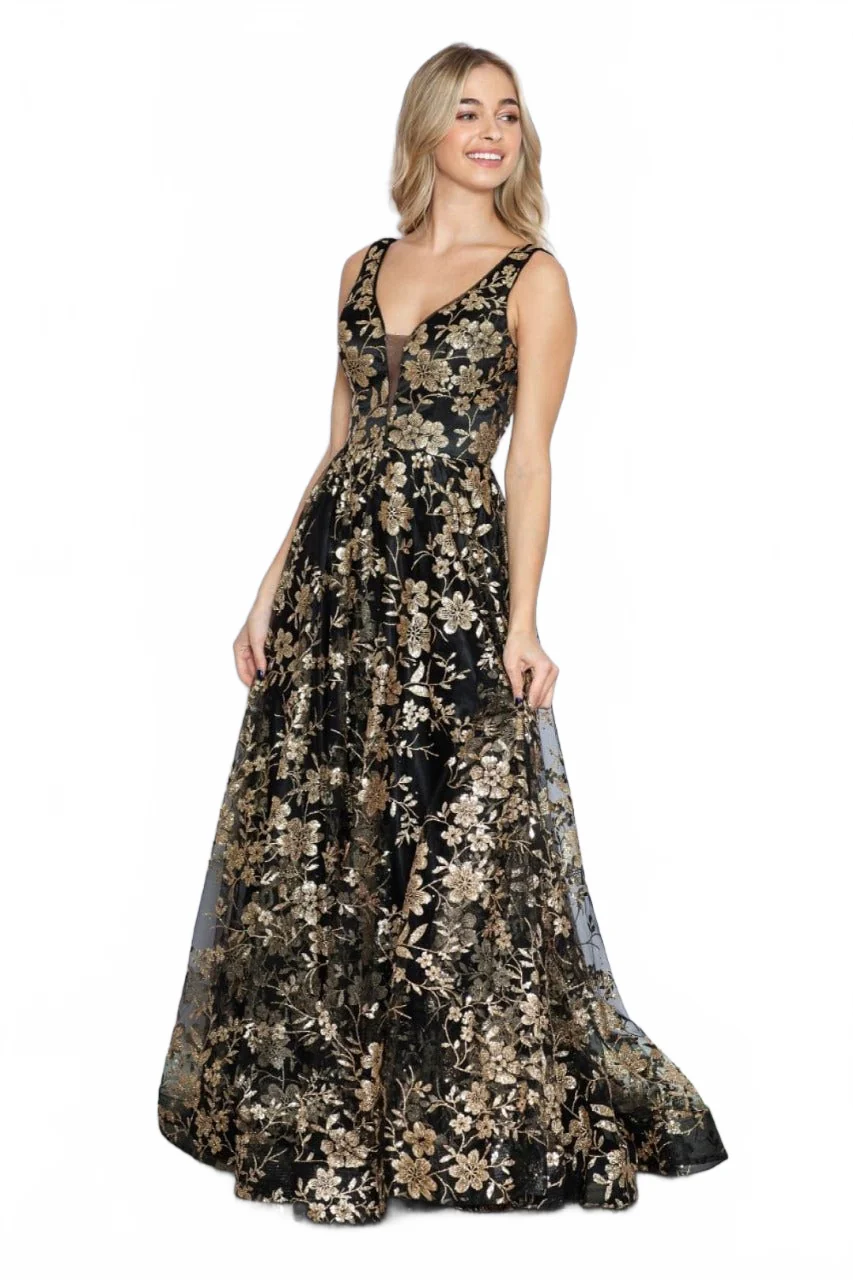 Poly USA 9298 Sleeveless Floral Glitter Print A-Line Evening Prom Gown - Image 8
