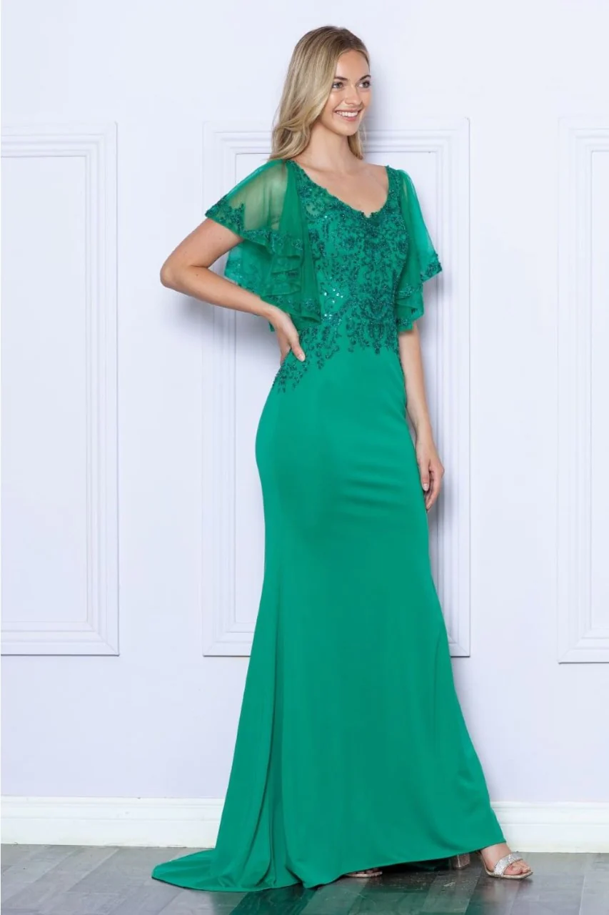 Poly USA 9318 Short Flutter Sleeve V-Neck Embroidered Evening Gown - Image 3