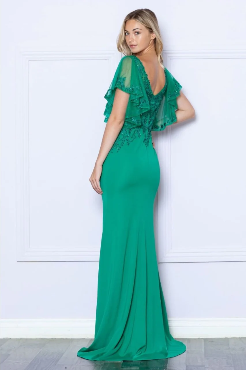 Poly USA 9318 Short Flutter Sleeve V-Neck Embroidered Evening Gown - Image 4