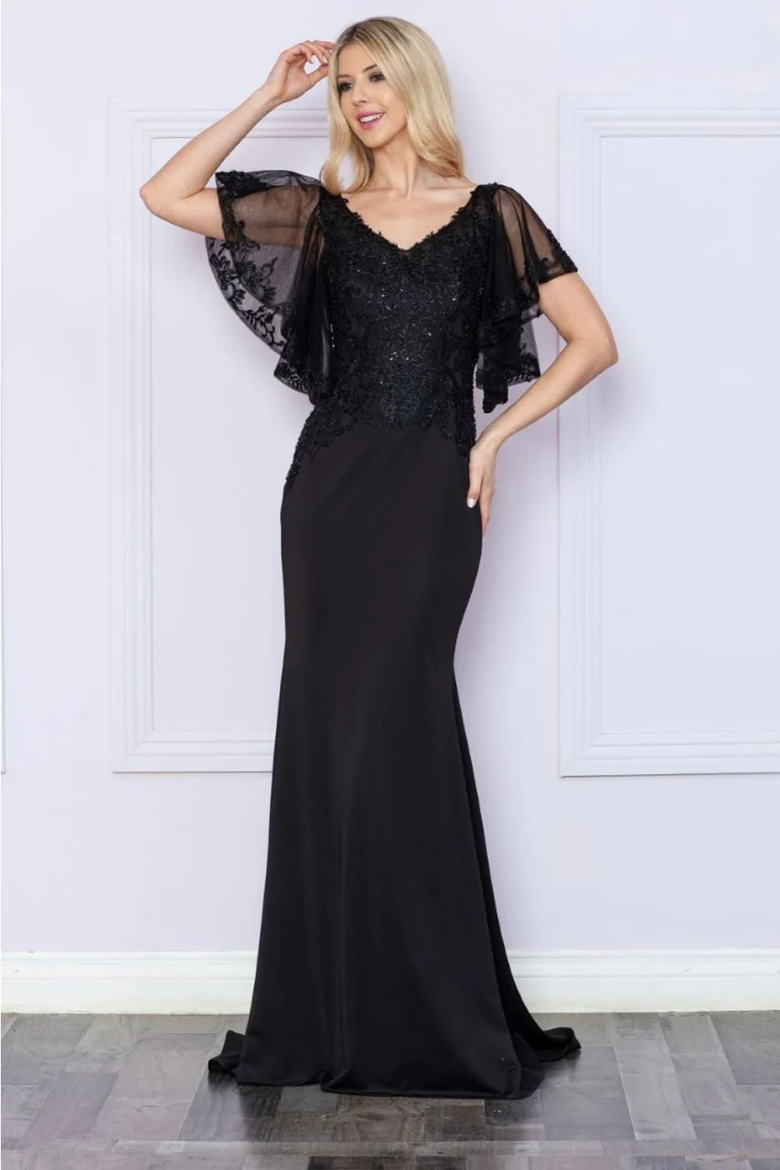Poly USA 9318 Short Flutter Sleeve V-Neck Embroidered Evening Gown - Image 5