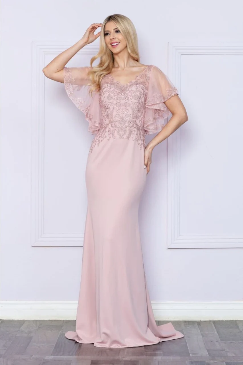 Poly USA 9318 Short Flutter Sleeve V-Neck Embroidered Evening Gown - Image 6