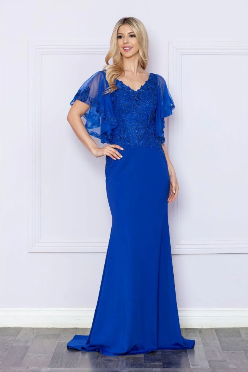 Poly USA 9318 Short Flutter Sleeve V-Neck Embroidered Evening Gown - Image 7
