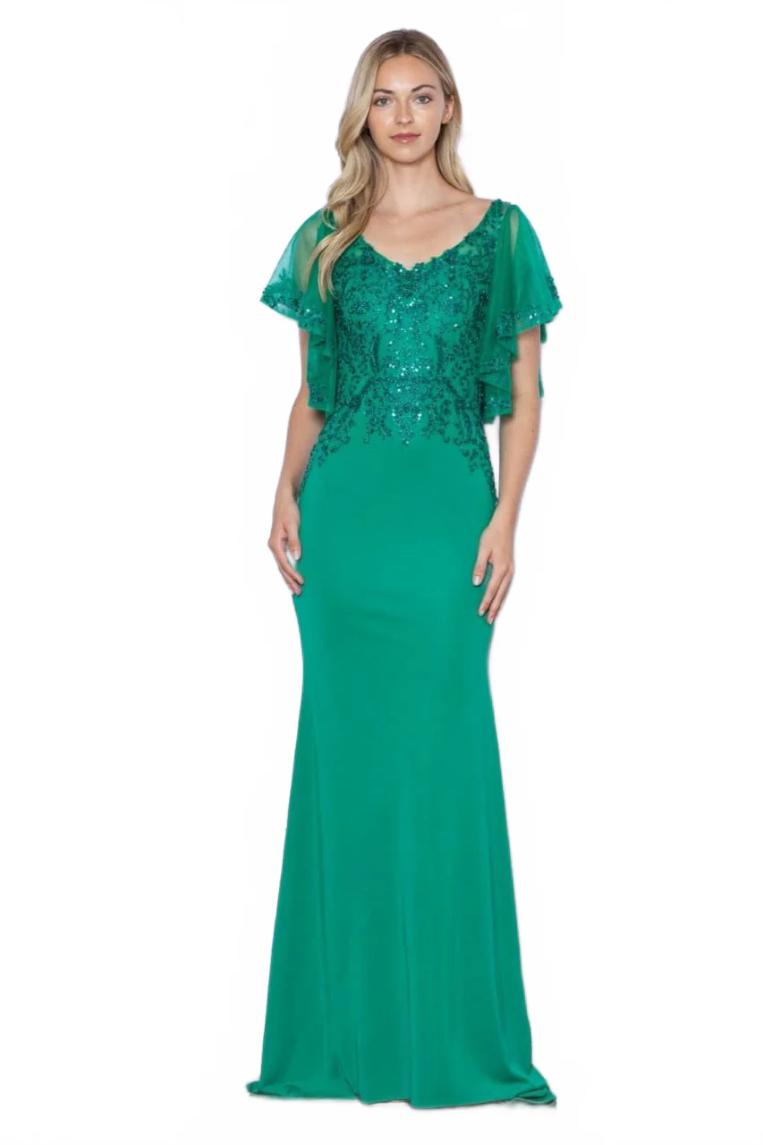 Poly USA 9318 Short Flutter Sleeve V-Neck Embroidered Evening Gown - Image 9