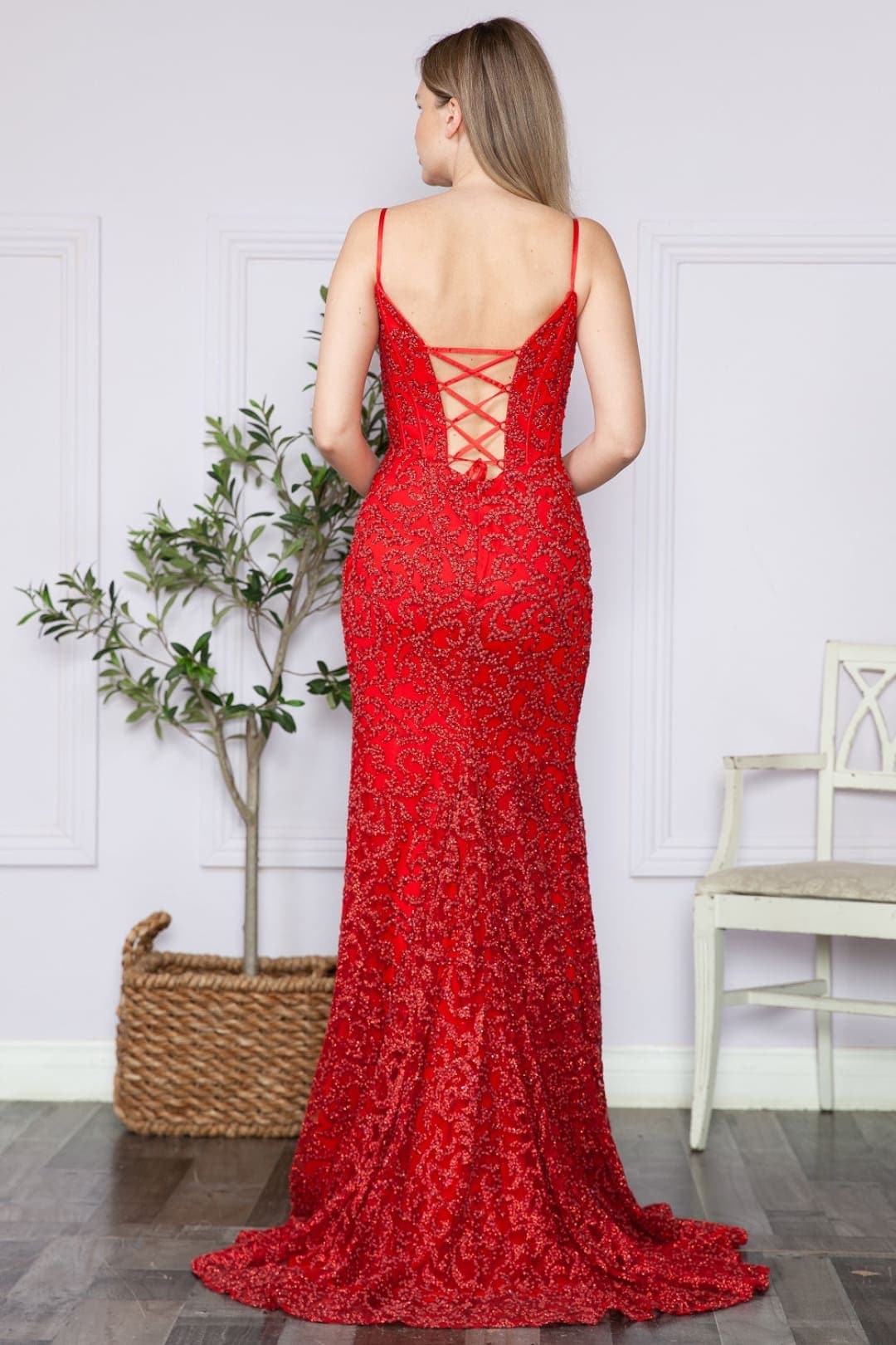 Poly USA 9354 Corset Back Glitter Sweep Train Prom Formal Gown - Image 4