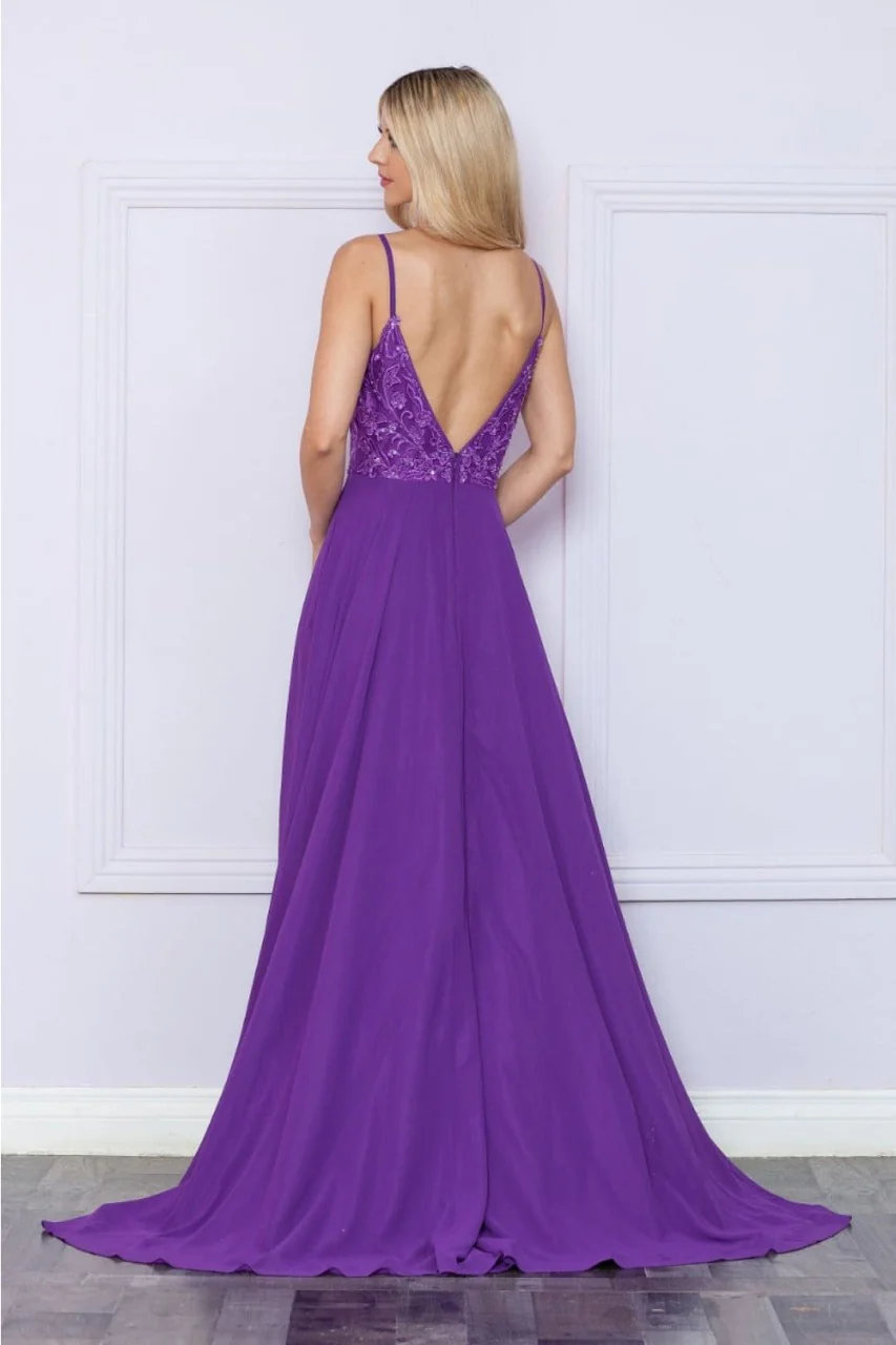 Poly USA 9368 Sleeveless Embroidered V- Neck Side Slit Formal Dress - Image 3