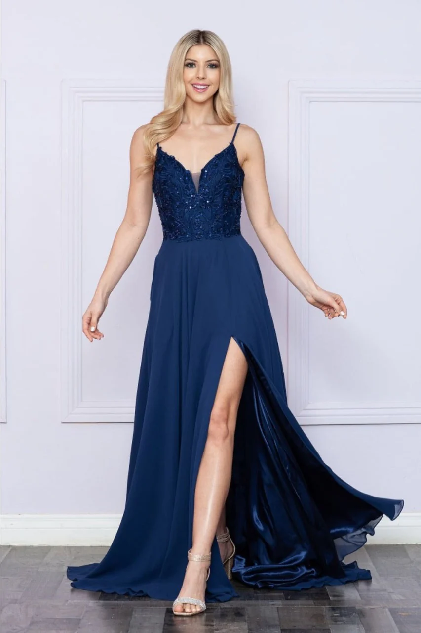Poly USA 9368 Sleeveless Embroidered V- Neck Side Slit Formal Dress - Image 4