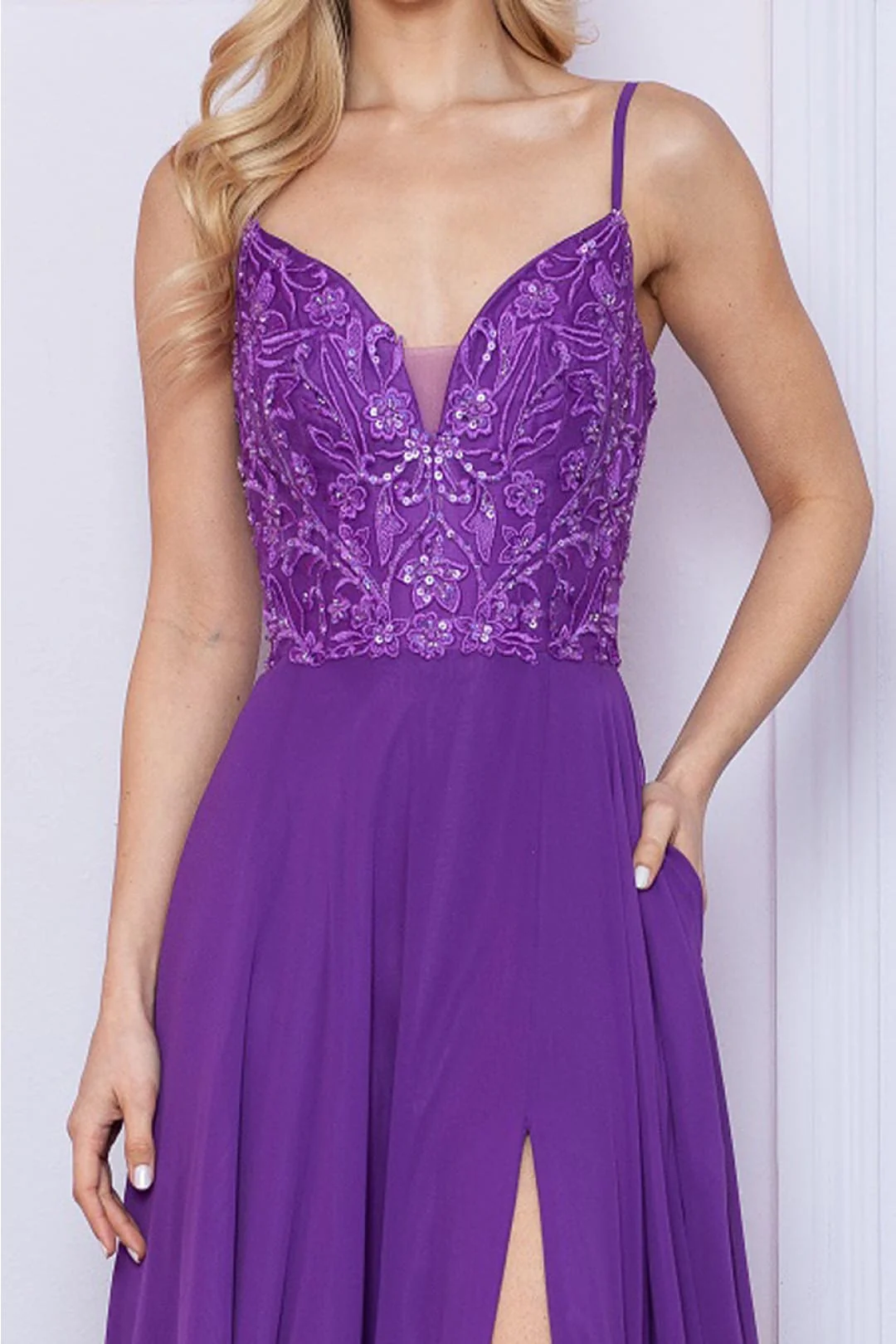 Poly USA 9368 Sleeveless Embroidered V- Neck Side Slit Formal Dress - Image 7